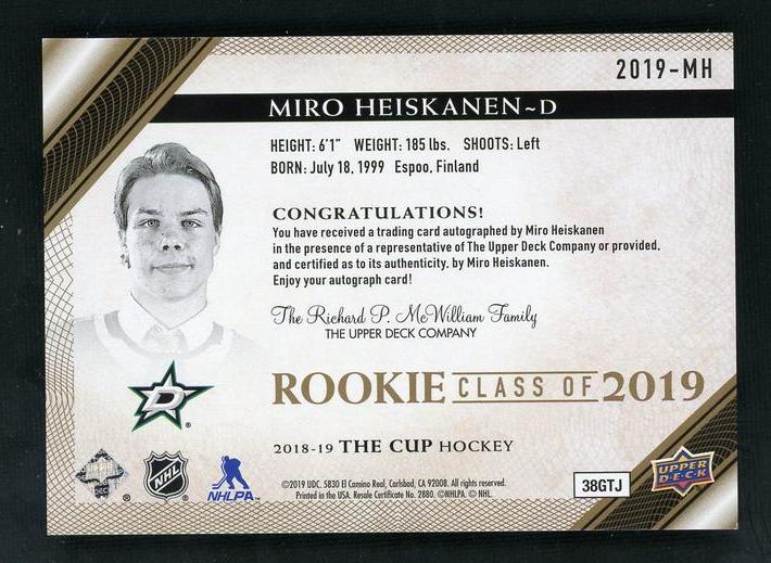 2019 Upper Deck The Cup 2019-MH Miro Heiskanen Rookie Class of 2019 Rookie /75 Dallas Stars Auto