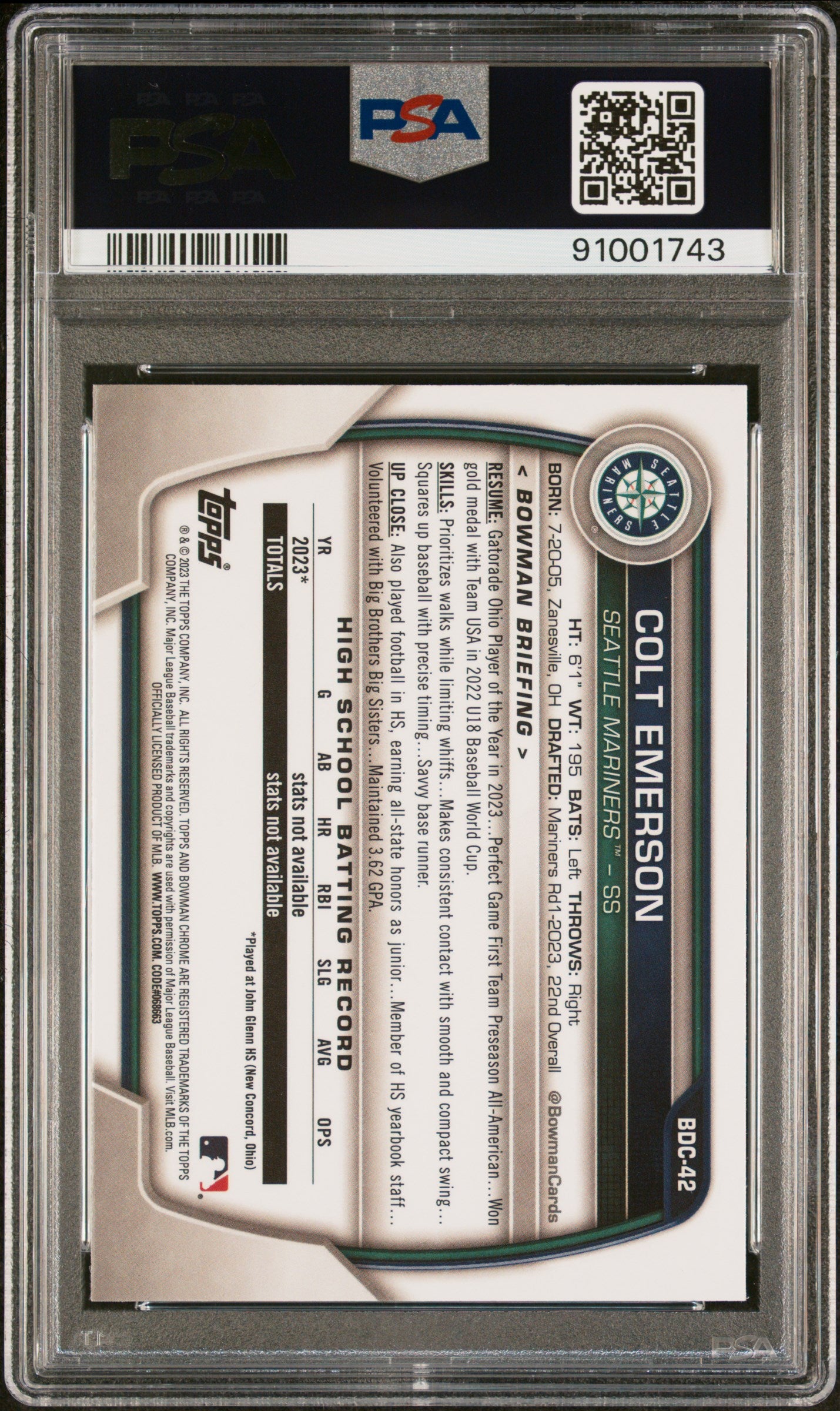 2023 Bowman Draft Chrome Colt Emerson #BDC42 PSA 10