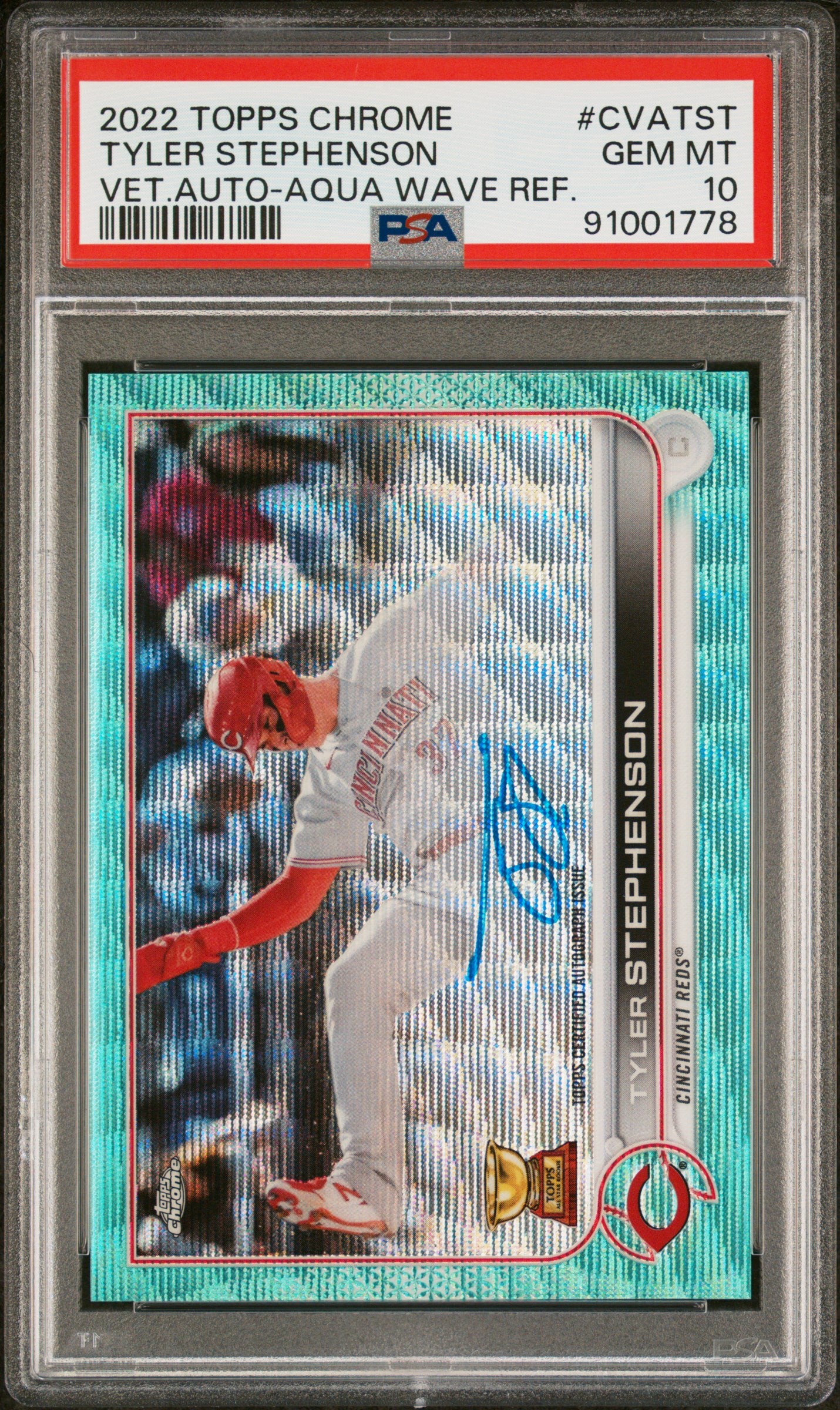 2022 Topps Chrome Veteran Autographs Aqua Wave Tyler Stephenson /199 PSA 10