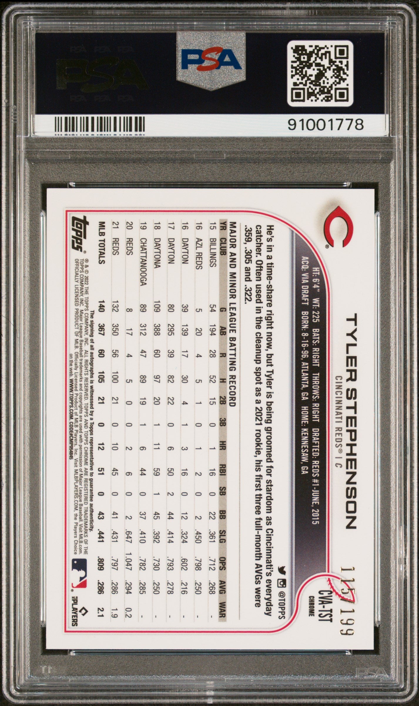 2022 Topps Chrome Veteran Autographs Aqua Wave Tyler Stephenson /199 PSA 10