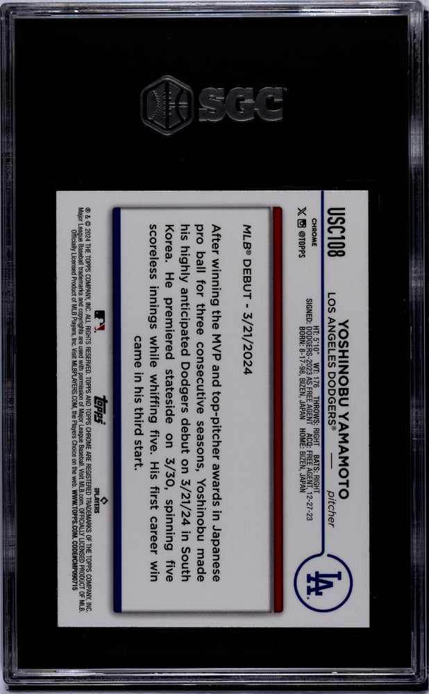 2024 Topps Chrome Update Rookie Debut Yoshinobu Yamamoto #USC108 RC SGC 10