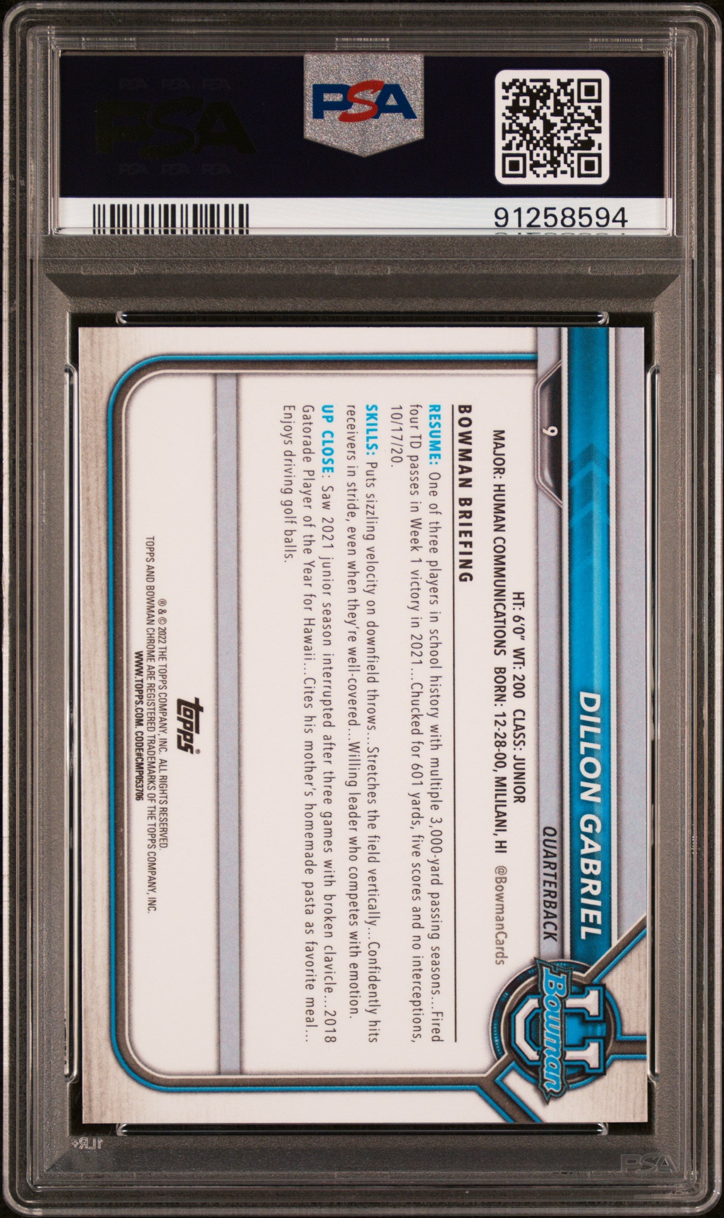 2021 Bowman University Chrome Prospects Gold Shimmer Refractor Dillon Gabriel #9 /50 PSA 10