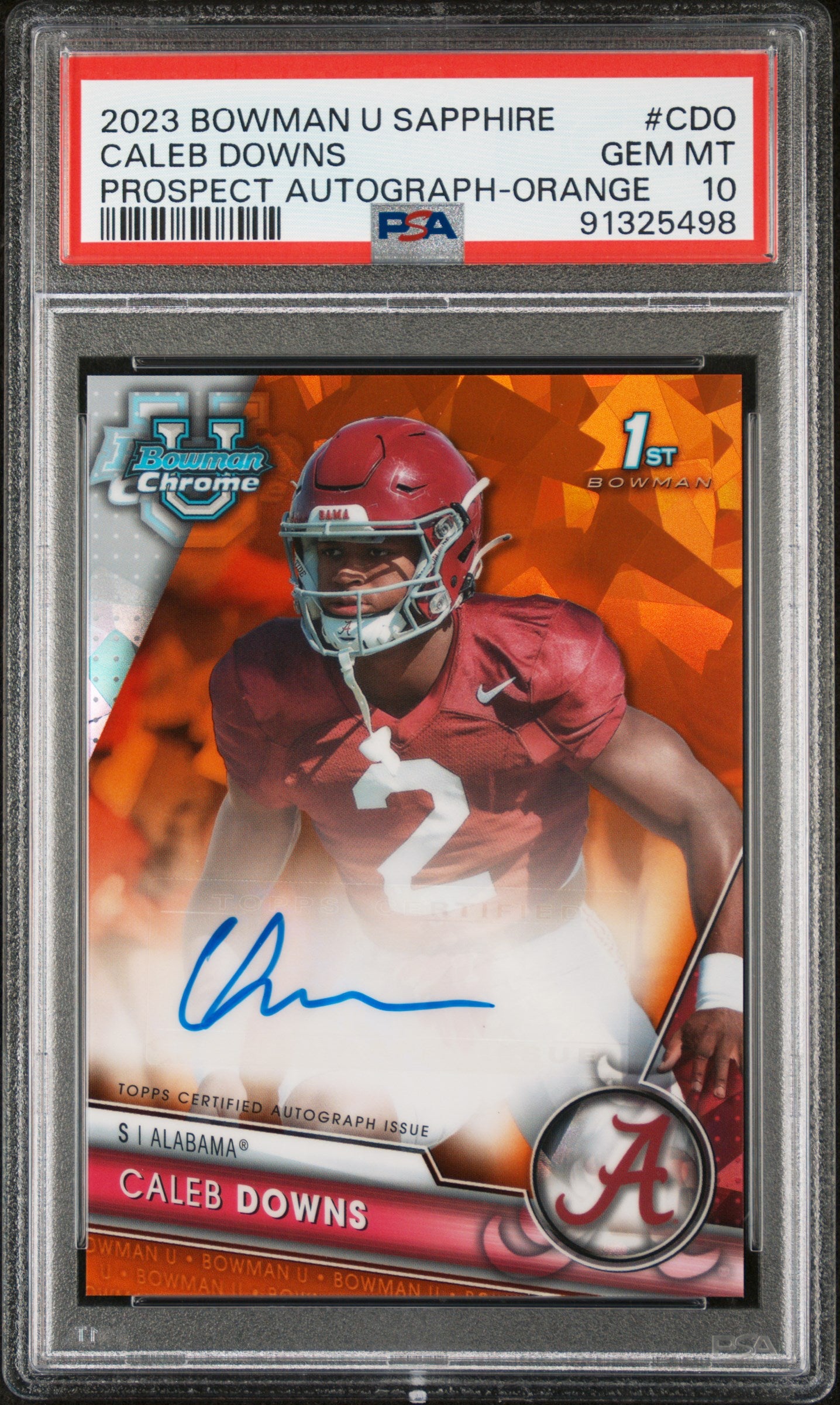2023 Bowman University Chrome Sapphire Prospect Autograph Orange Caleb Downs #CDO /25 PSA 10