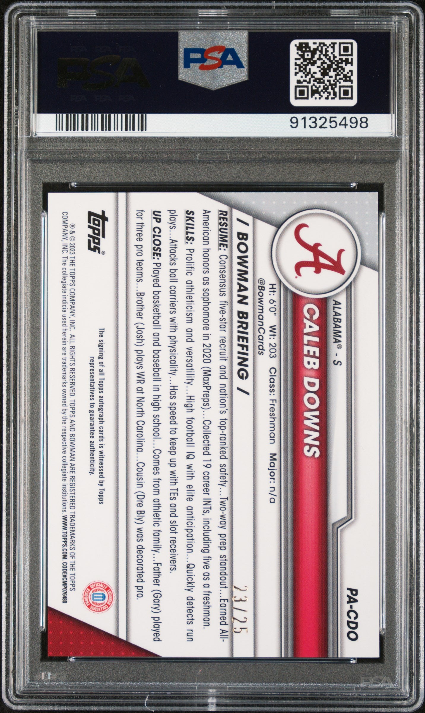 2023 Bowman University Chrome Sapphire Prospect Autograph Orange Caleb Downs #CDO /25 PSA 10