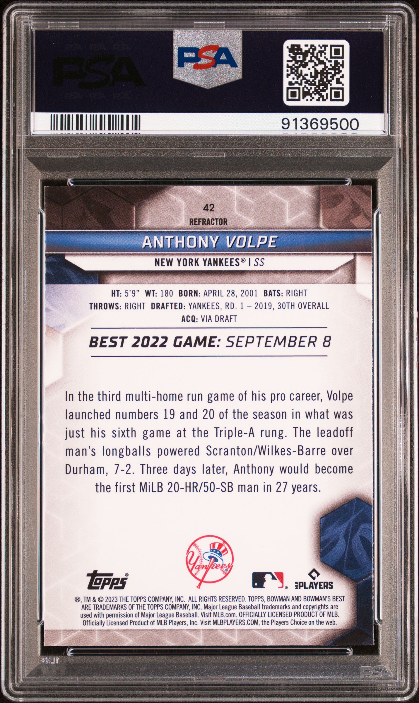 2023 Bowman's Best #42 Anthony Volpe Refractor PSA 9