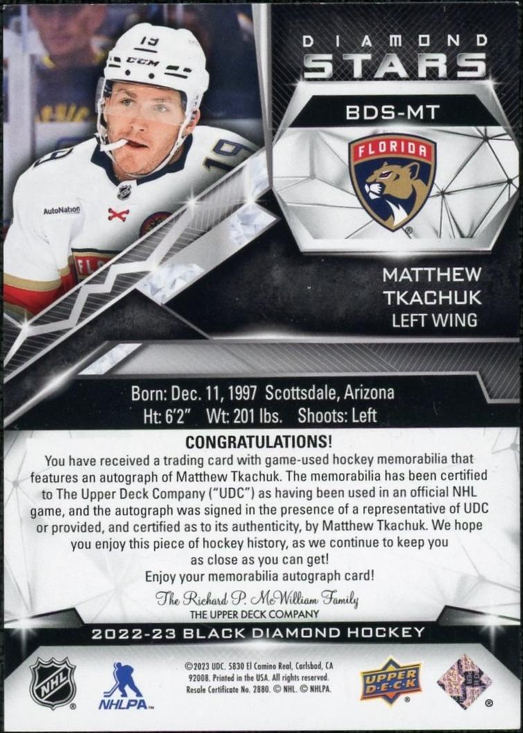 2022-23 Black Diamond Matthew Tkachuk Auto 03/15