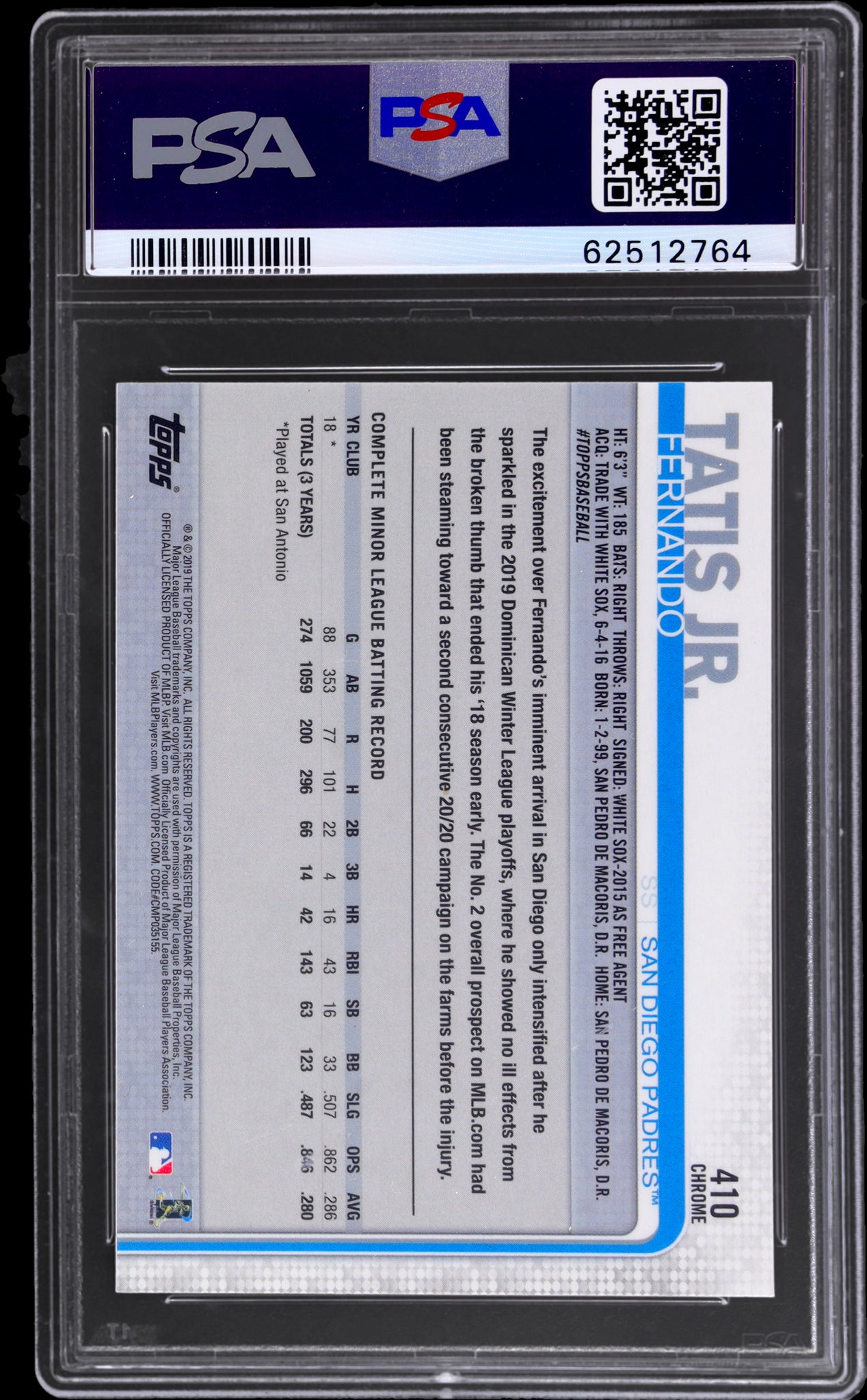 2019 Topps Chrome Factory Set Rookie Variation Refractor Fernando Tatis PSA 9