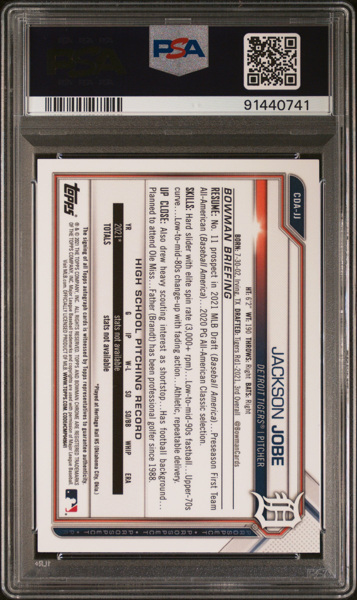 2021 Bowman Draft Chrome B/W RayWave Refractor Jackson Jobe #CDA-JJ Auto PSA 10