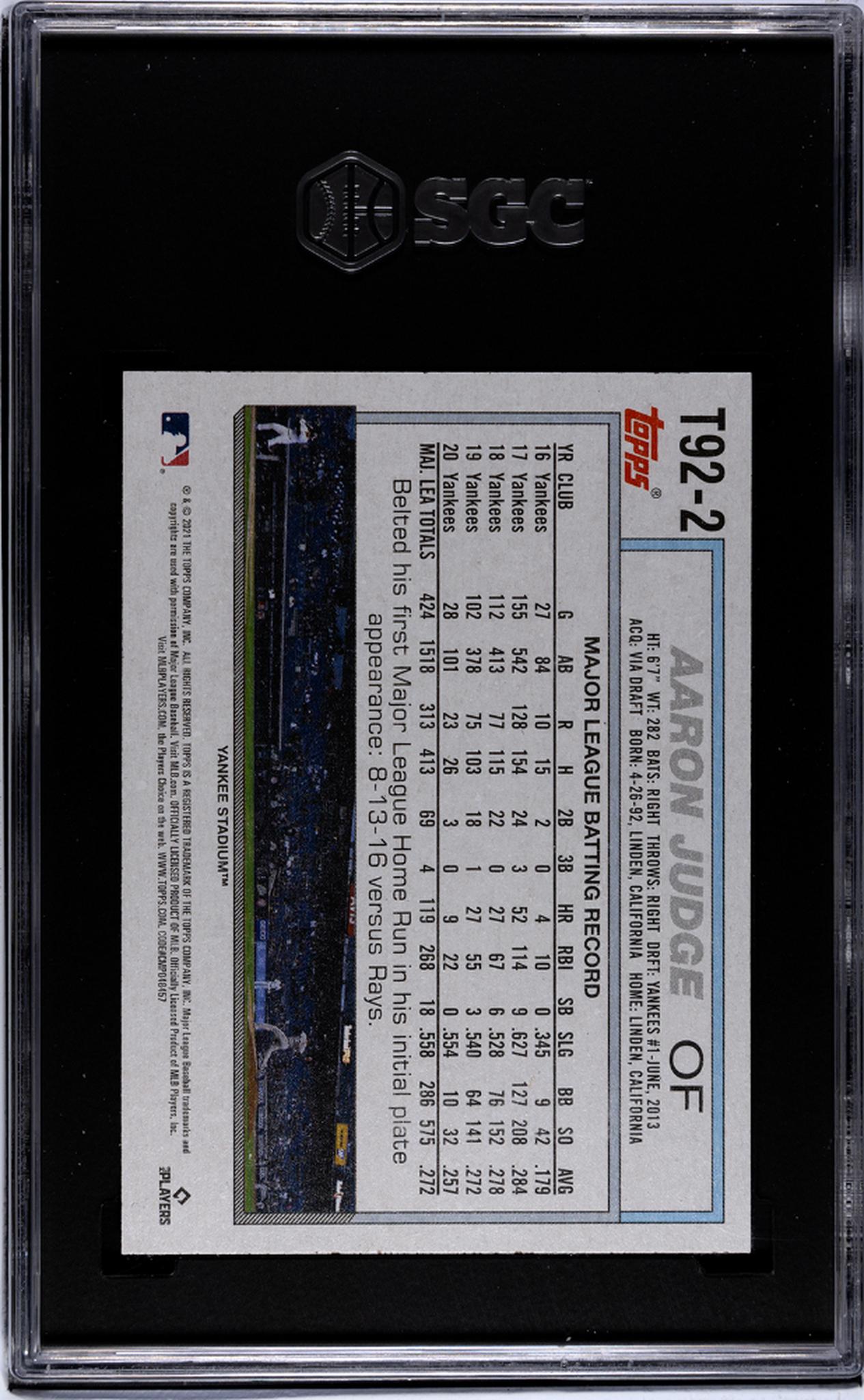 2021 Topps Update #T92-2 Aaron Judge '92 Topps Redux SGC 10