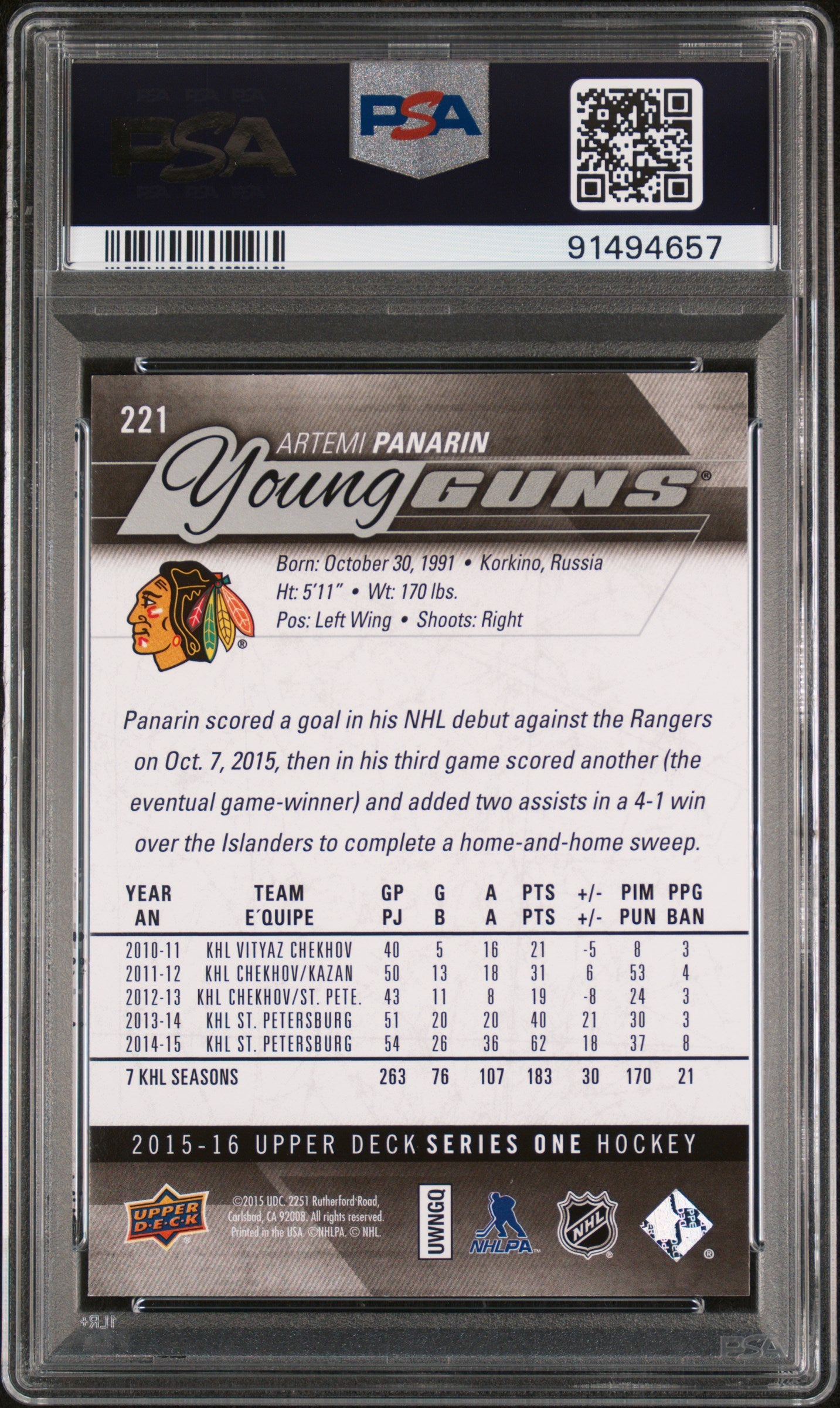 2015 Upper Deck Young Guns Artemi Panarin #221 PSA 10