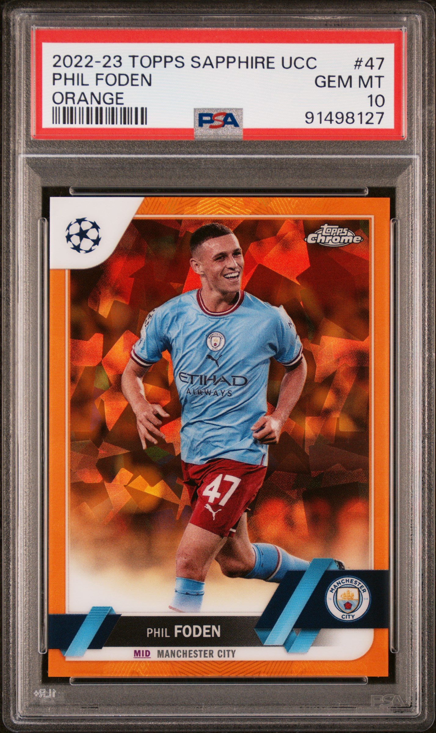 2022-23 Topps Chrome Sapphire UCC Orange Phil Foden #47 /50 PSA 10