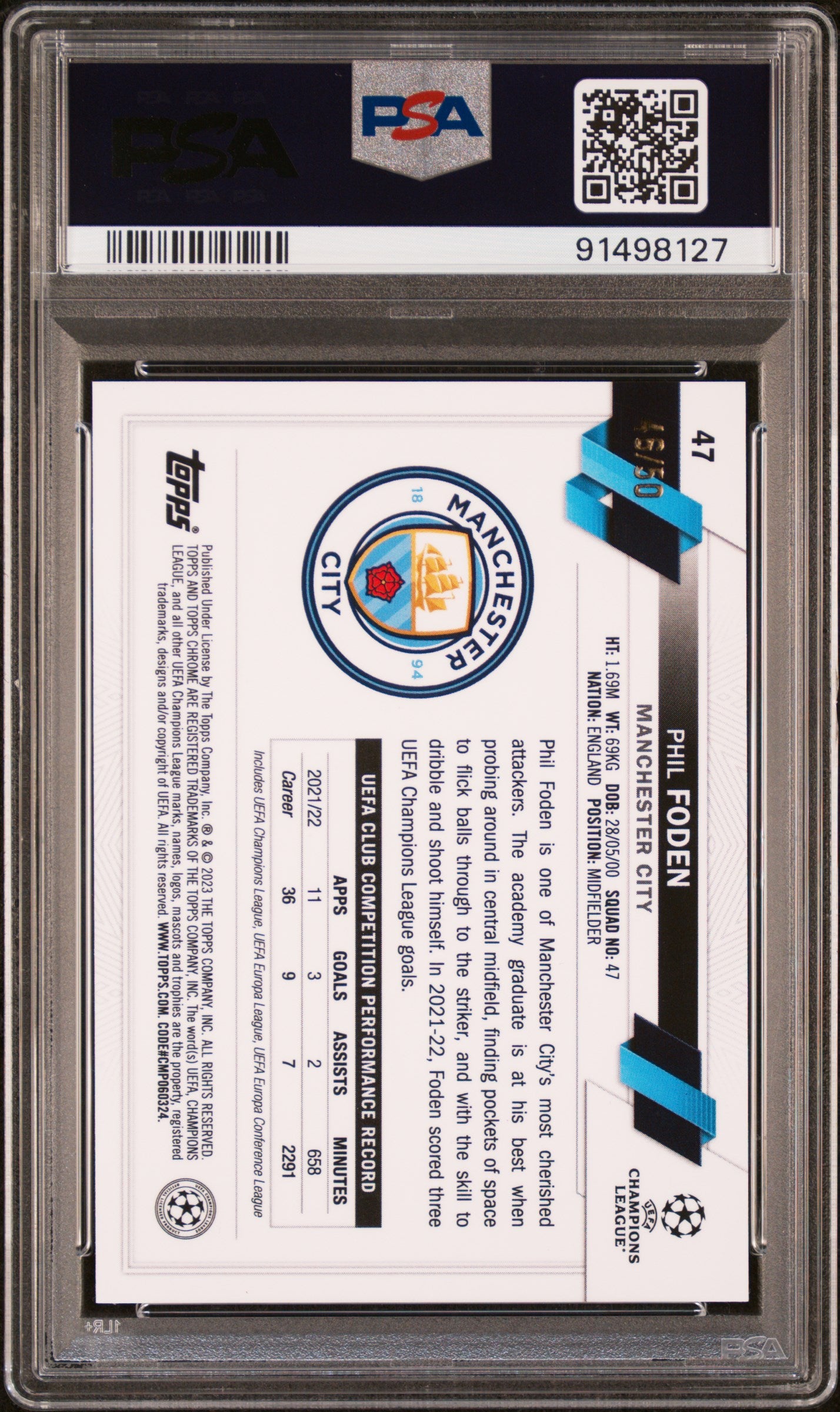 2022-23 Topps Chrome Sapphire UCC Orange Phil Foden #47 /50 PSA 10