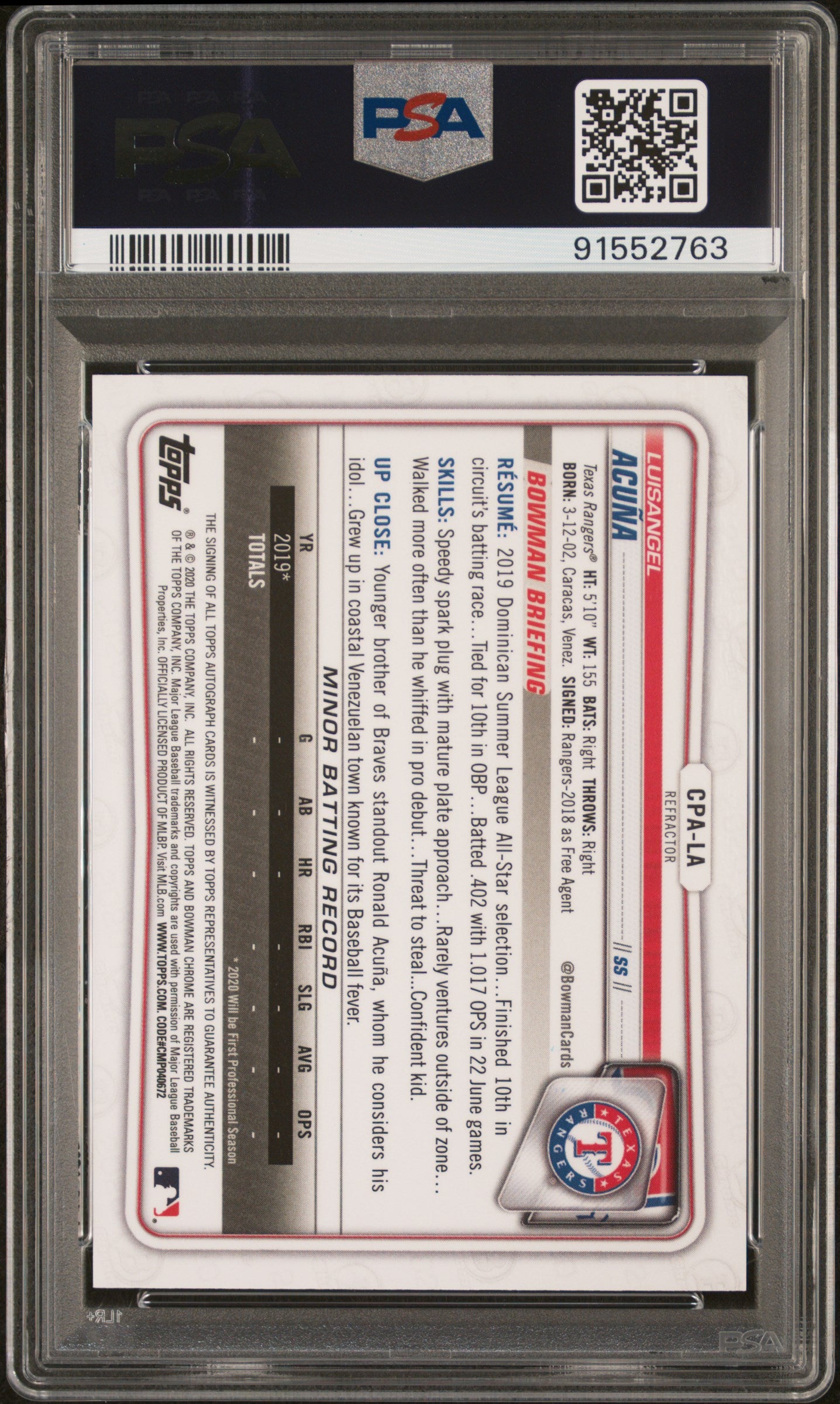 2020 Bowman Chrome Refractor Luisangel Acuna #CPA-LA Auto /499 PSA 10