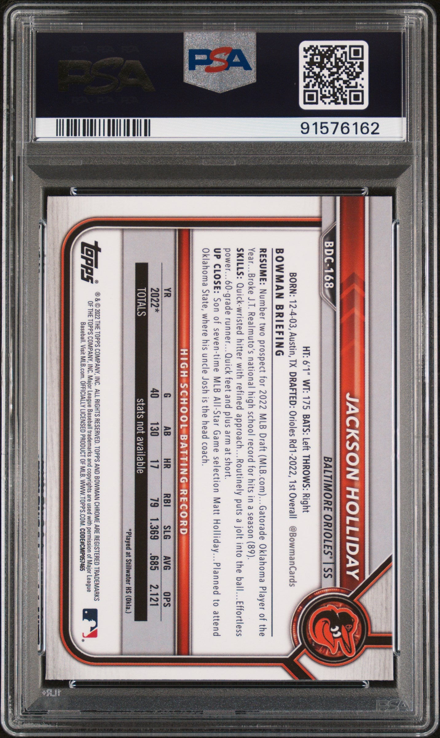 2022 Bowman Draft Sapphire Chrome Jackson Holliday #BDC168 PSA 9