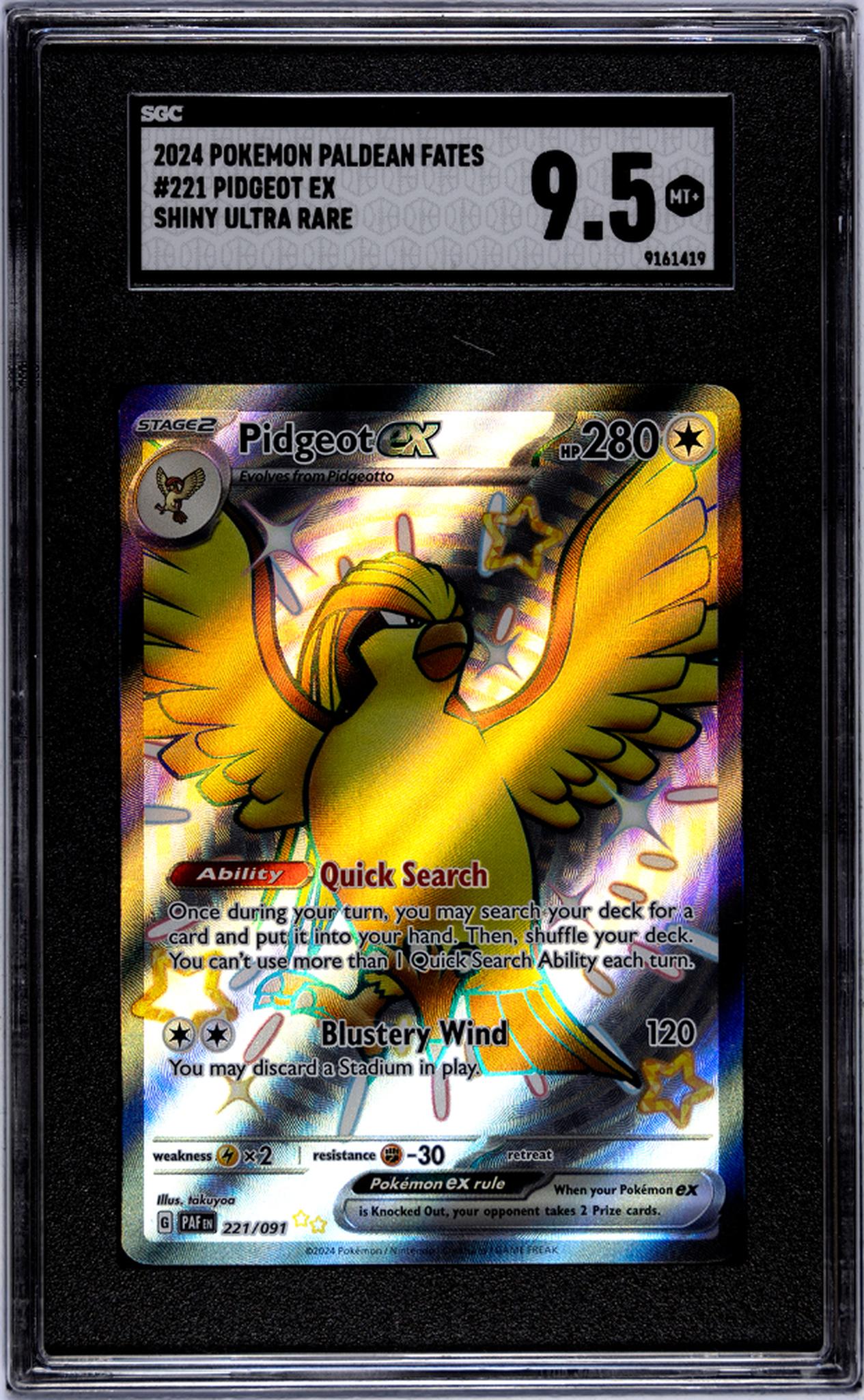 2024 Pokemon Paldean Fates #221 Pidgeot Ex Shiny Ultra Rare SGC 9.5