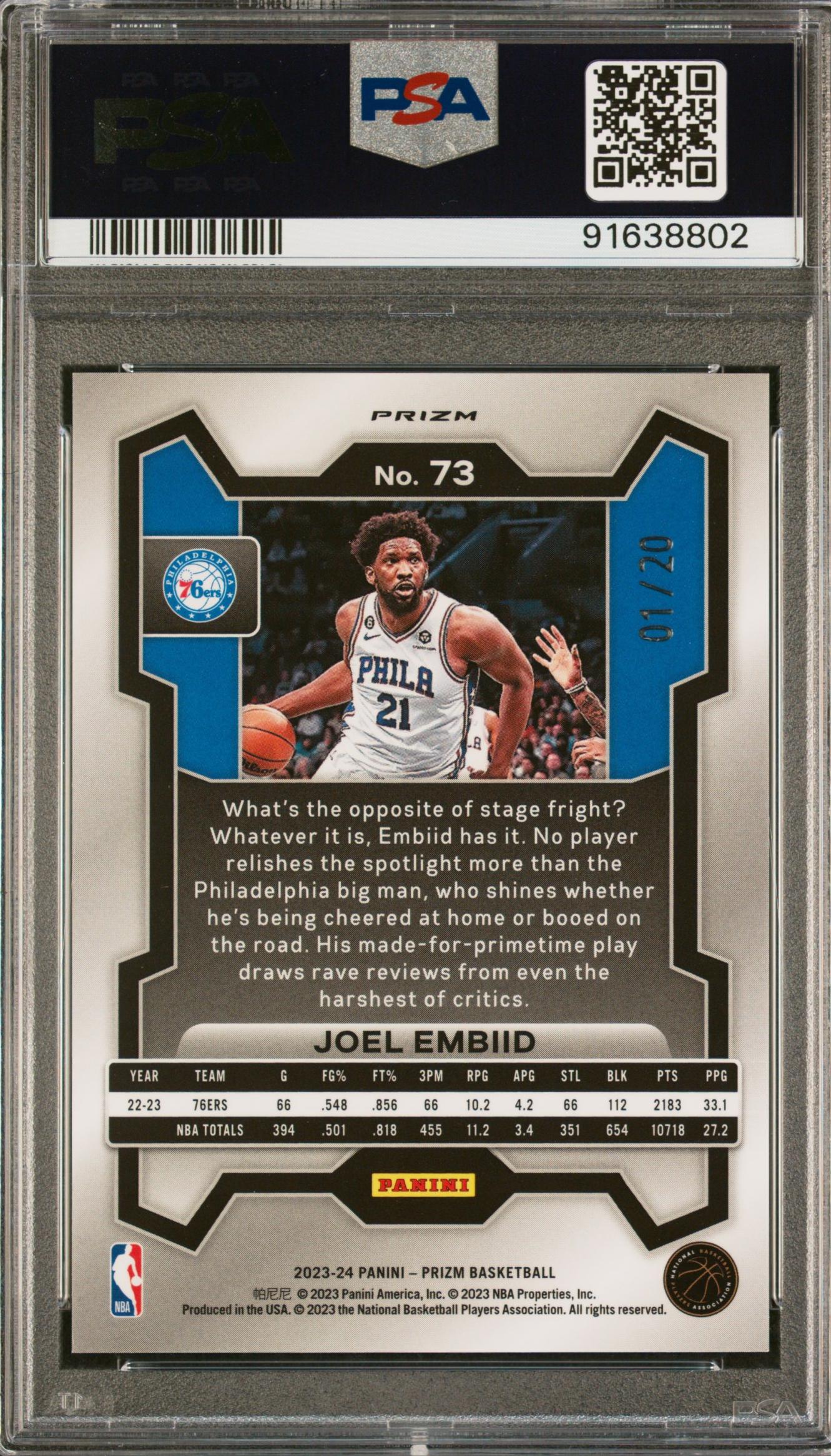 2023 Prizm Bronze Fast Break Joel Embiid #73 /20 PSA 10