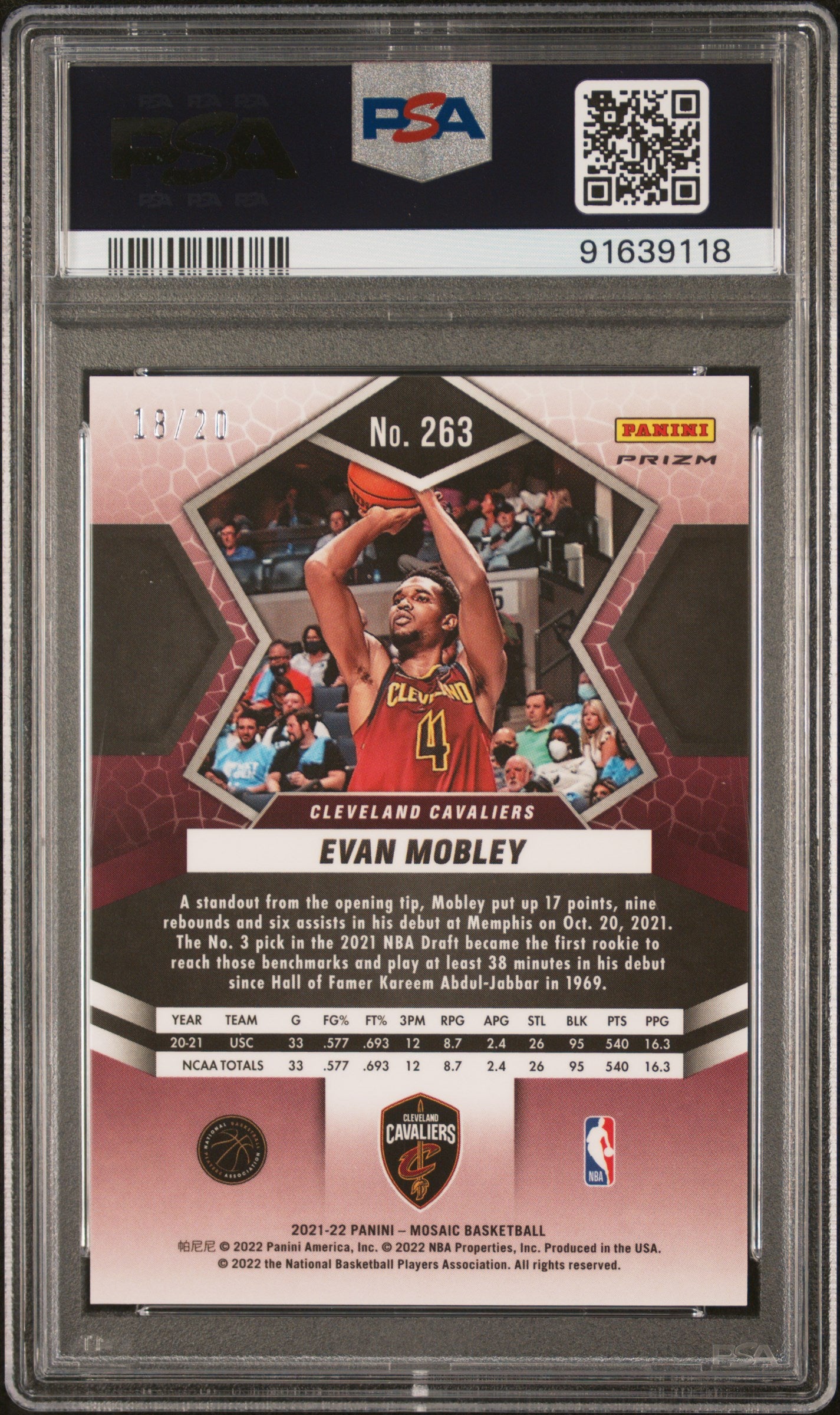 2021 Panini Mosaic Pink Fast Break Evan Mobley #263 RC NBA Debut /20 PSA 10