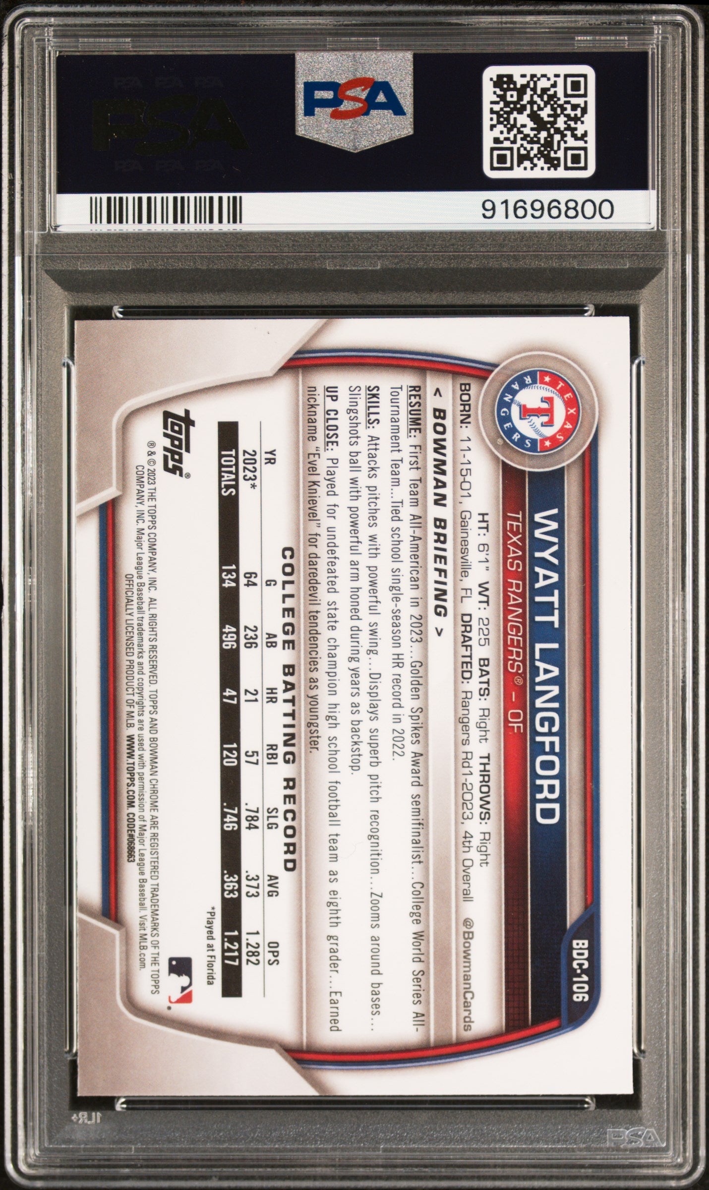 2023 Bowman Draft Chrome Wyatt Langford #BDC-106 PSA 10