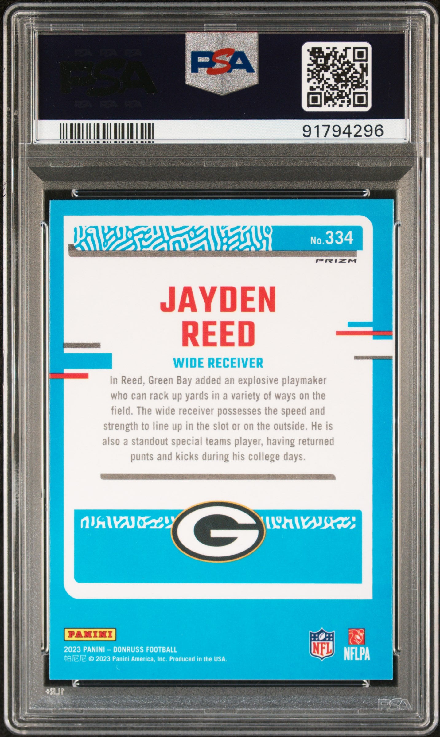 2023 Donruss #334 Jayden Reed Optic Preview PSA 10