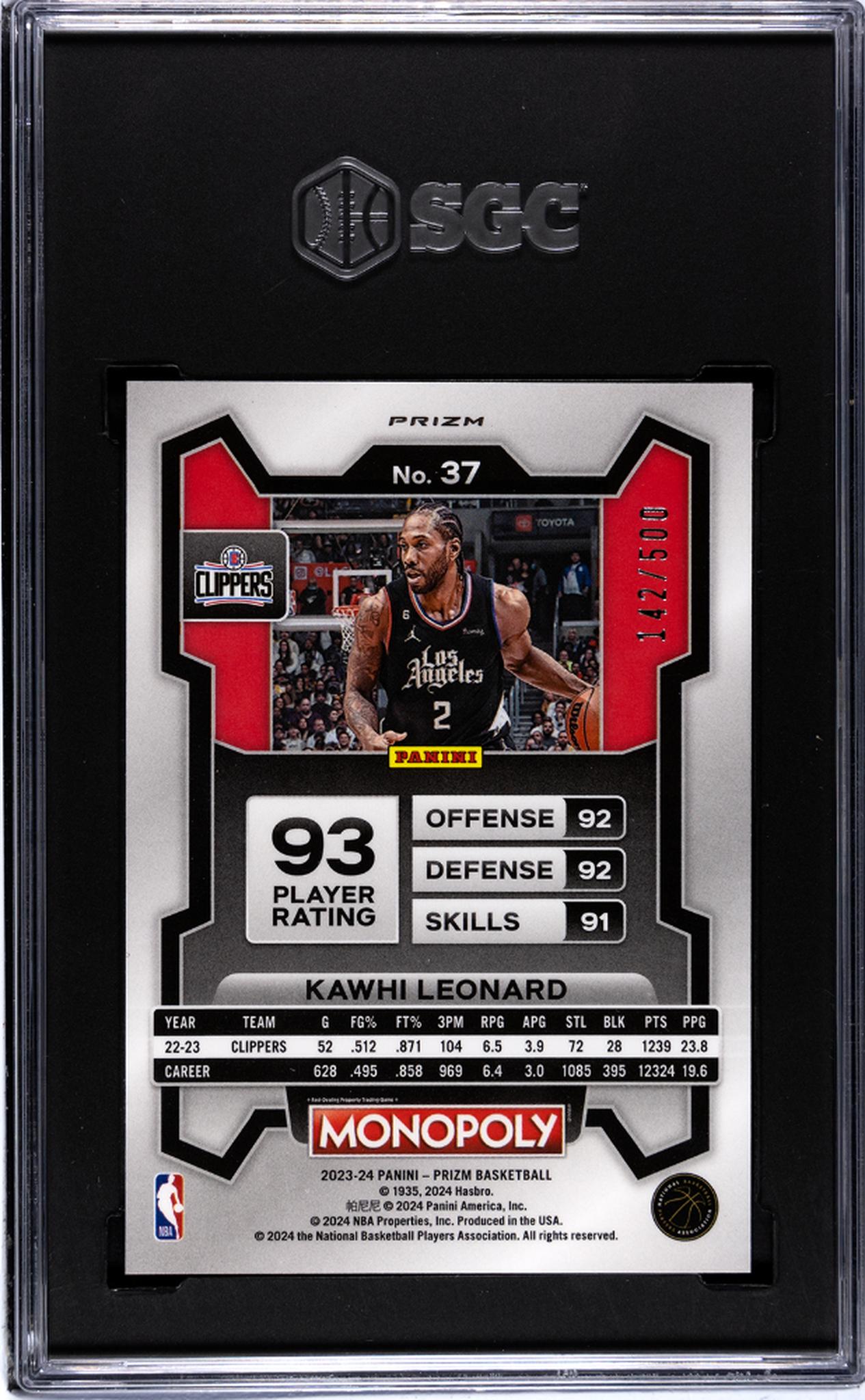 2023-24 Panini Prizm Monopoly #37 Kawhi Leonard Gold Millionaire Shimmer Prizm /500 SGC 10