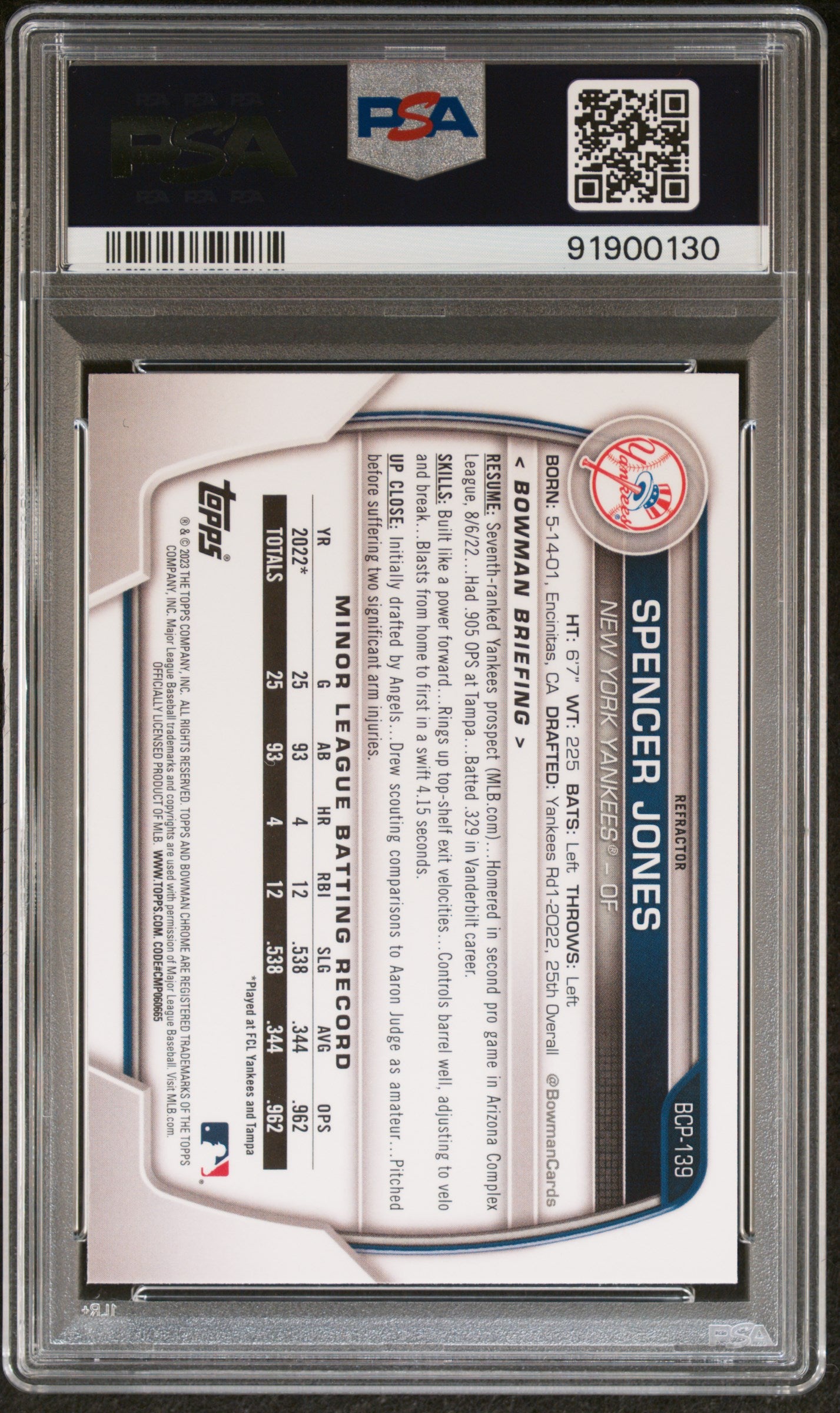 2023 Bowman Chrome Prospect Lunar Glow Refractor Spencer Jones #BCP139 PSA 10
