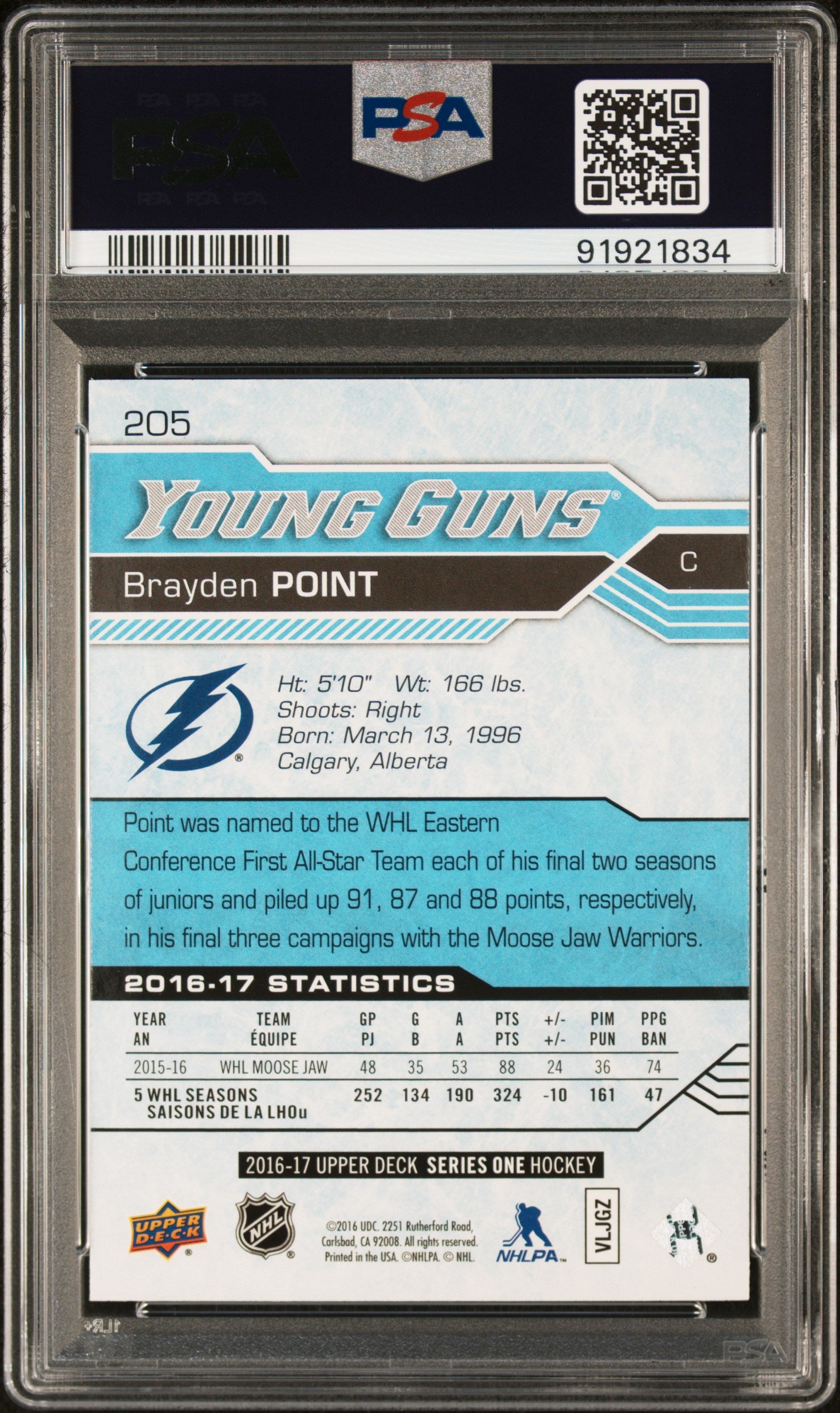 2016 Upper Deck Young Guns Brayden Point #205 PSA 10
