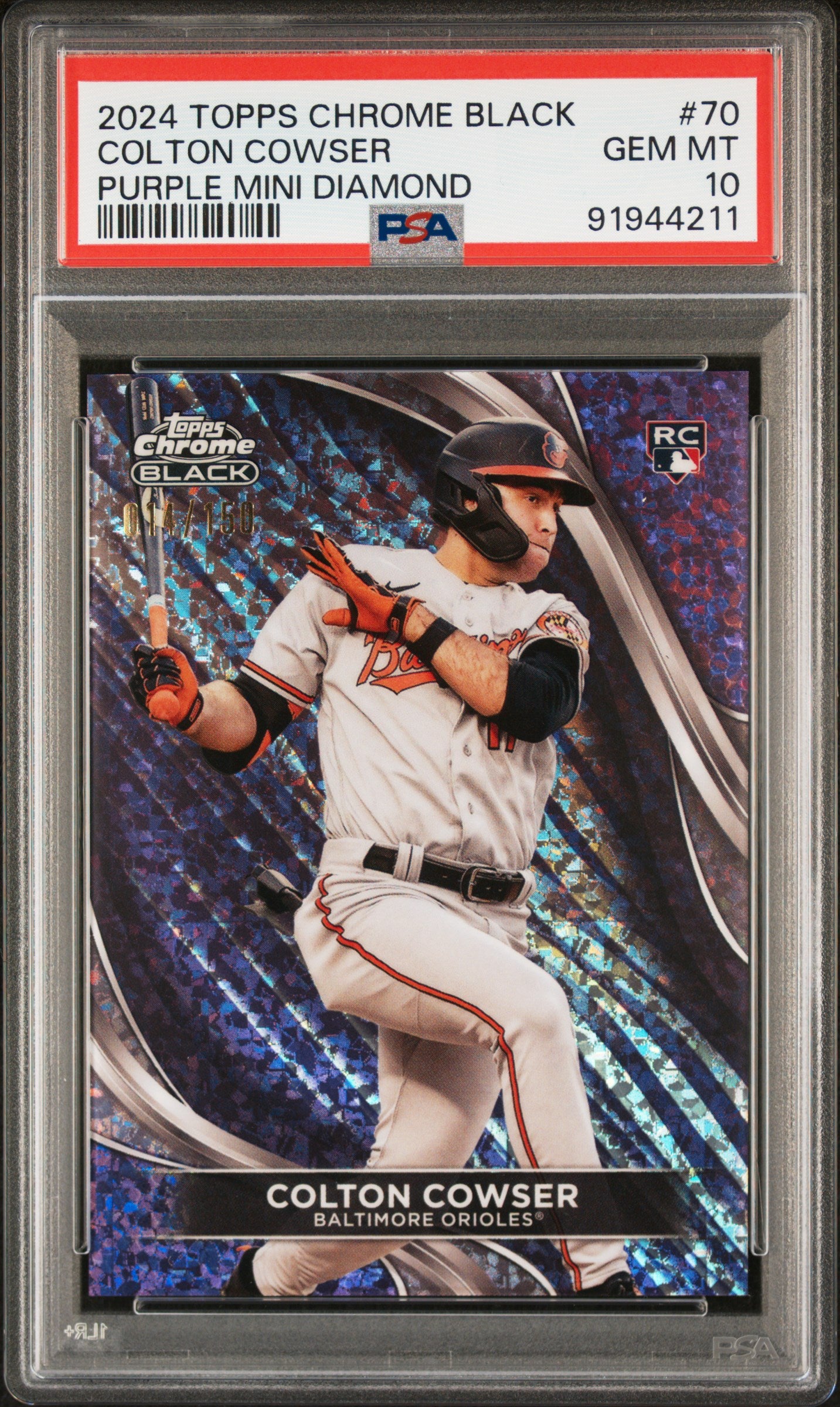 2024 Topps Chrome Black Purple Mini Diamond Colton Cowser #70 /150 PSA 10