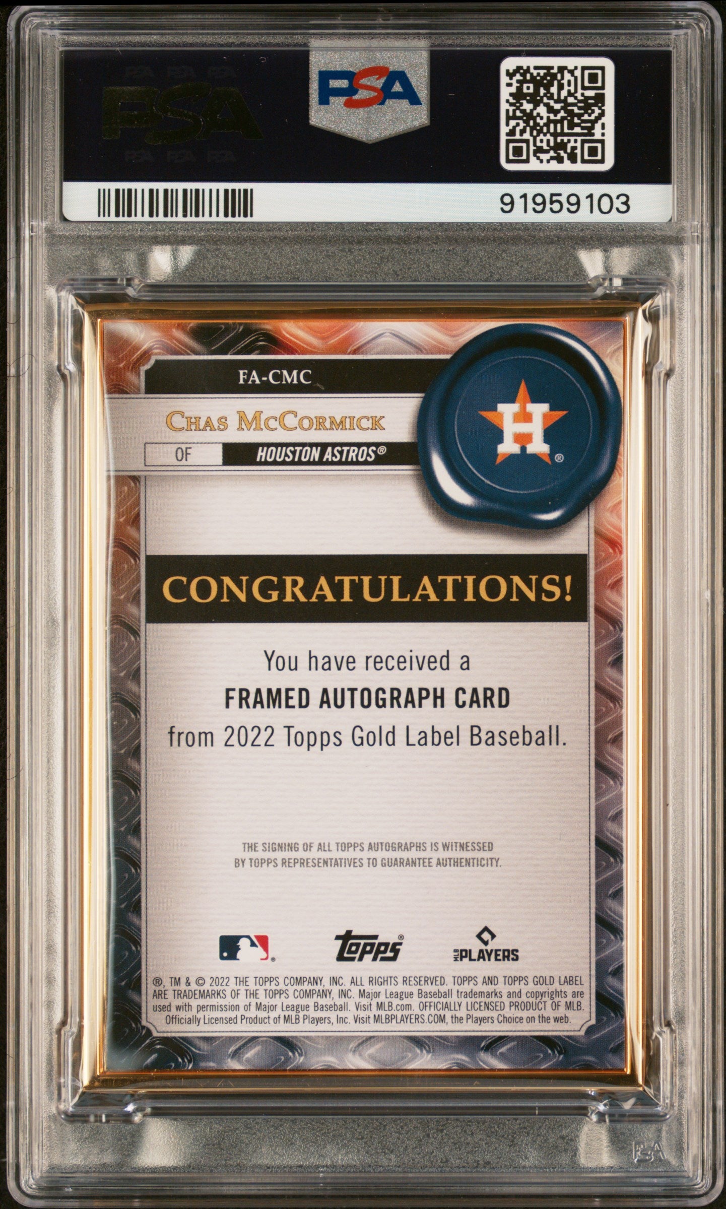 2022 Topps Gold Label Chas McCormick Framed Autographs-Blue Rookie /50 PSA 9