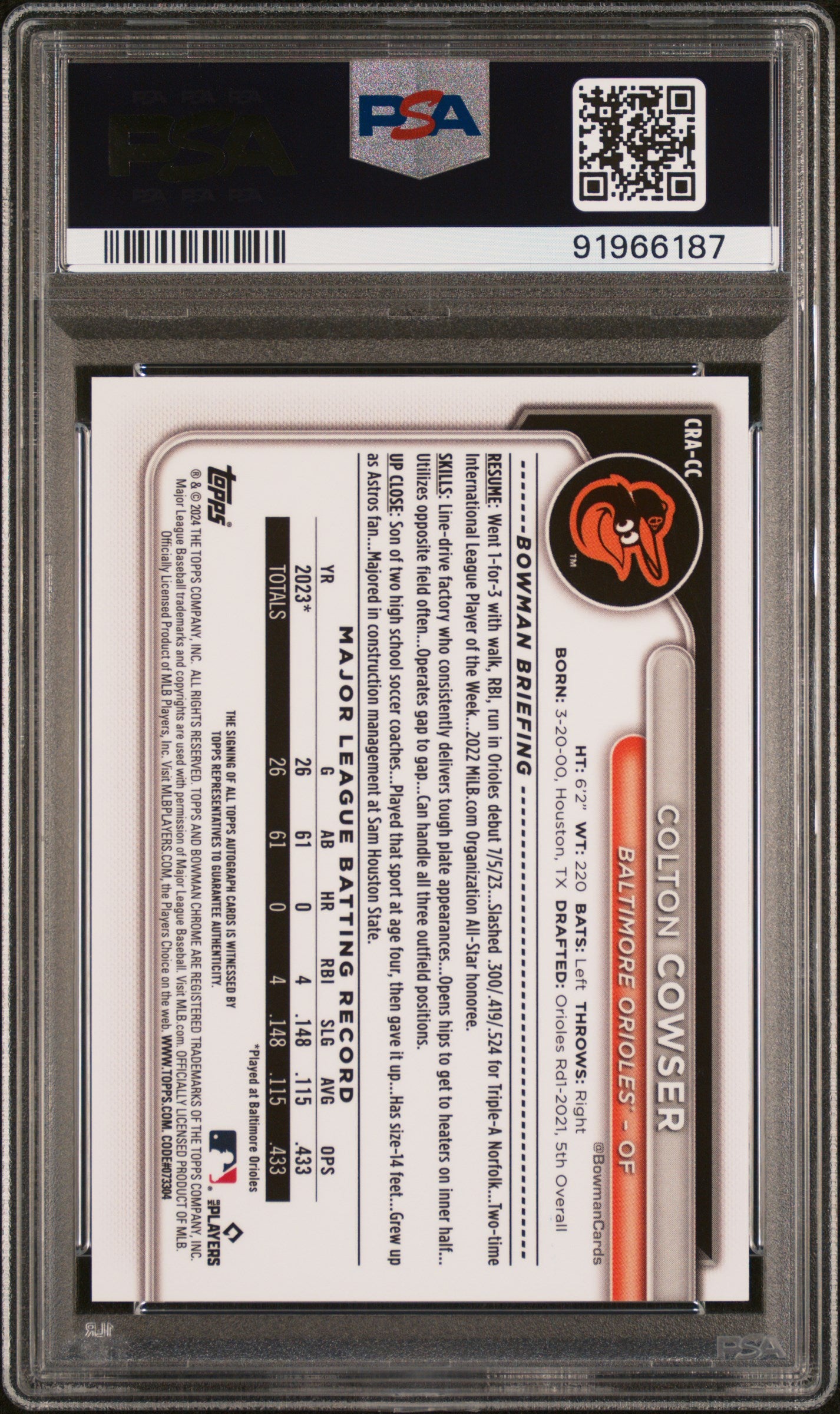 2024 Bowman Chrome Orange Colton Cowser #CRA-CC RC Auto /25 PSA 10