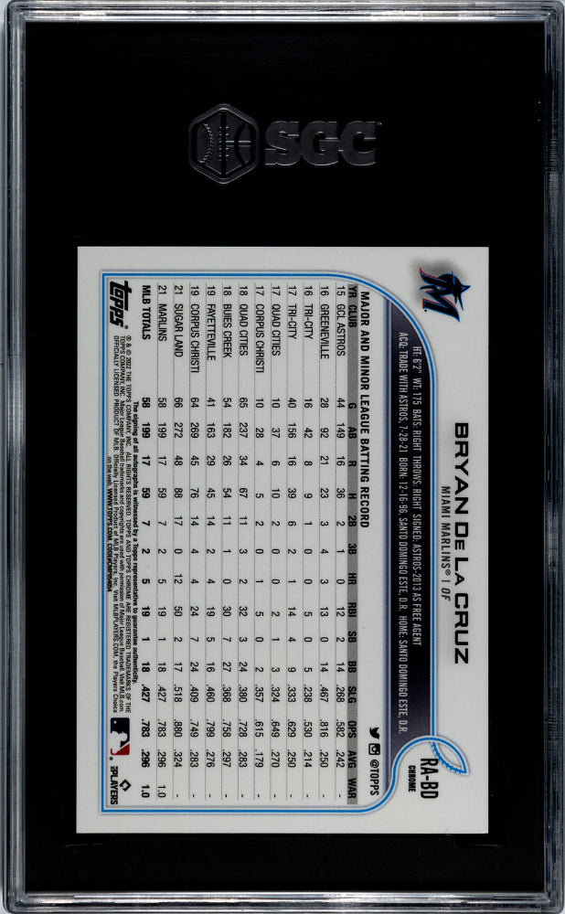 2022 Topps Chrome #RA-BD Bryan De La Cruz Rookie Autographed Auto SGC 9.5