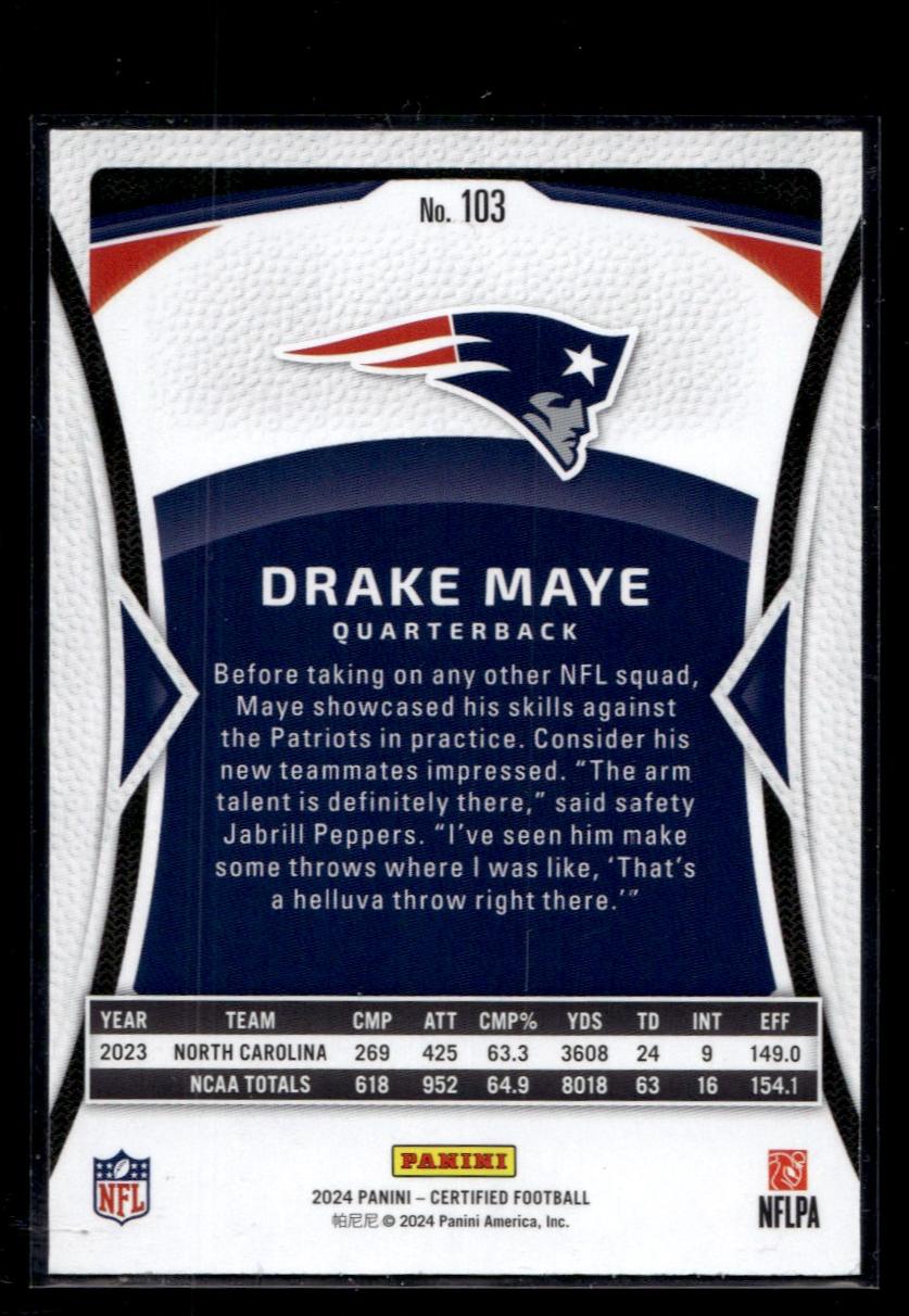 2024 Panini Certified 103 Drake Maye Rookie /400 New England Patriots