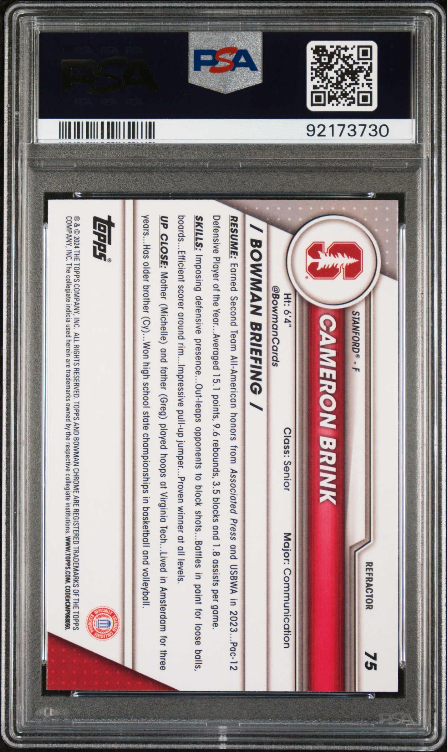 2023 Bowman University Chrome Refractor Cameron Brink #75 PSA 10