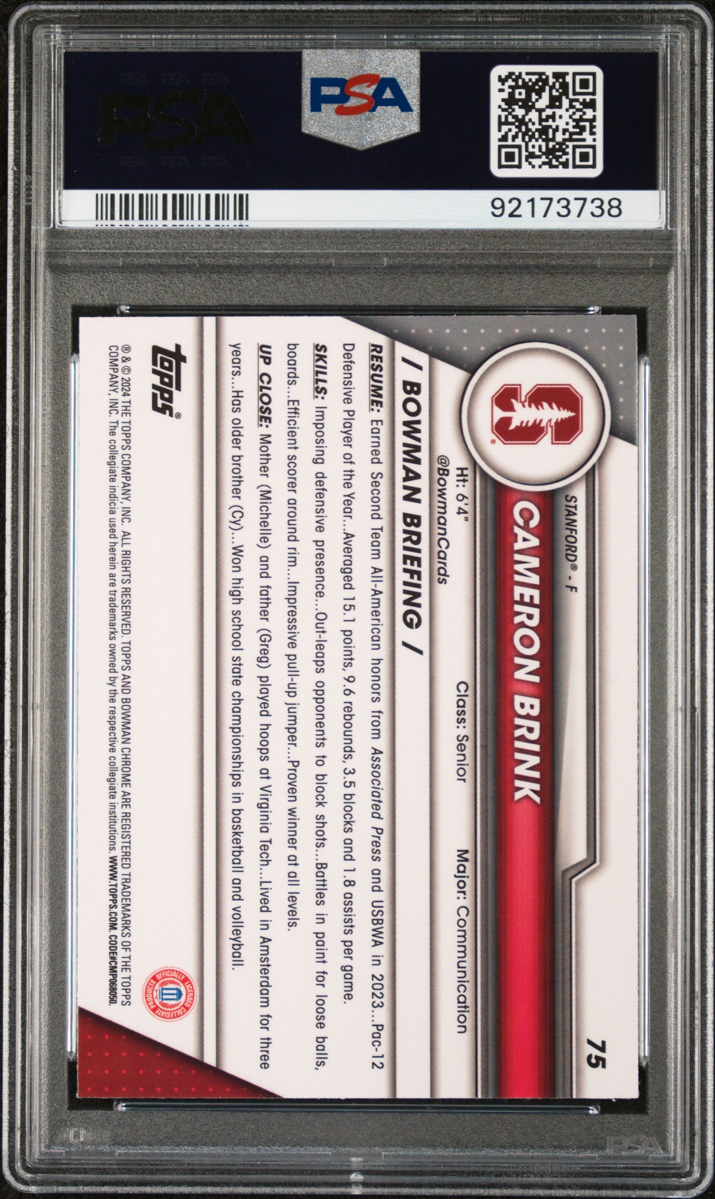 2023 Bowman U Chrome Sapphire Cameron Brink #75 PSA 10