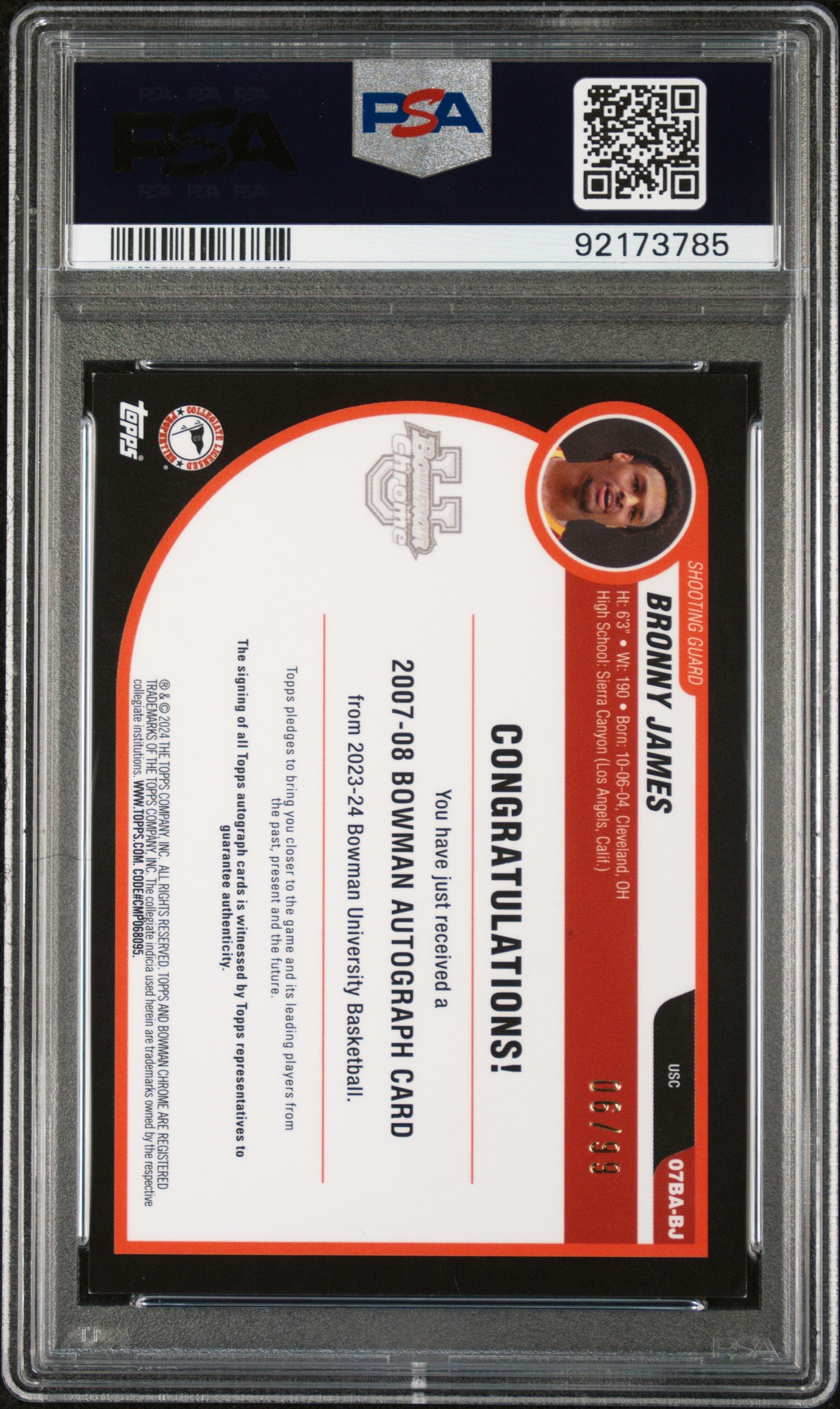2023 Bowman University Chrome 2007-08 Bowman Autographs Bronny James Jr. #BJ /99 PSA 8