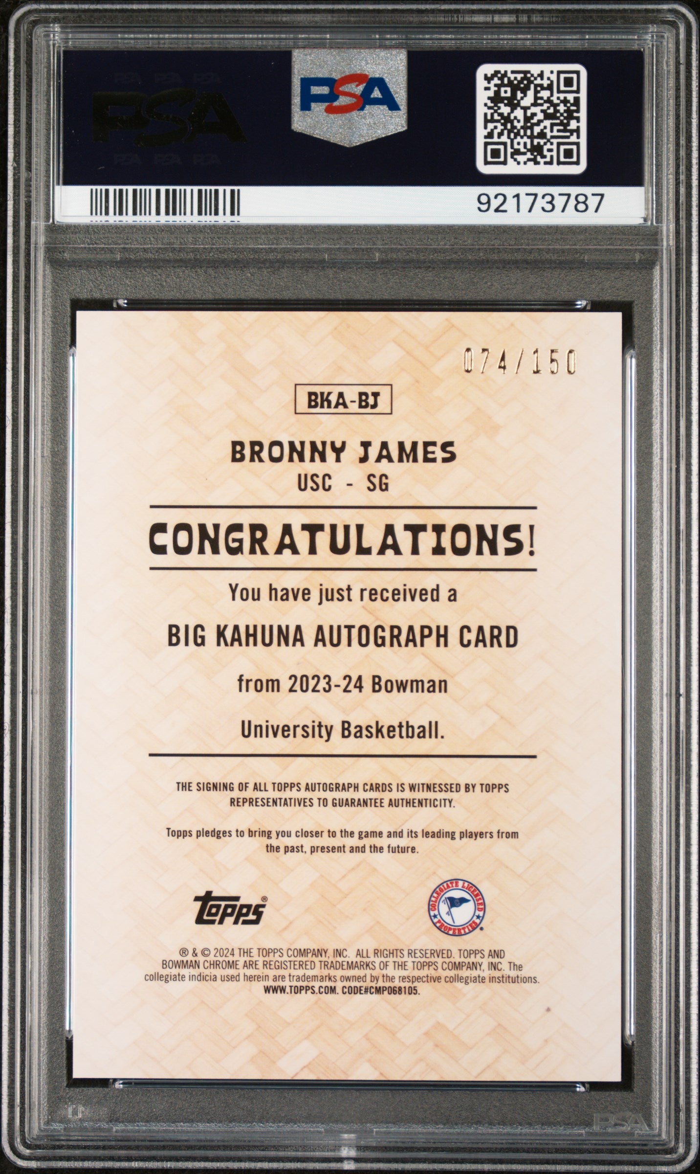 2023 Bowman University Chrome the Big Kahuna Autographs Bronny James Jr. #BKABJ /150 PSA 10