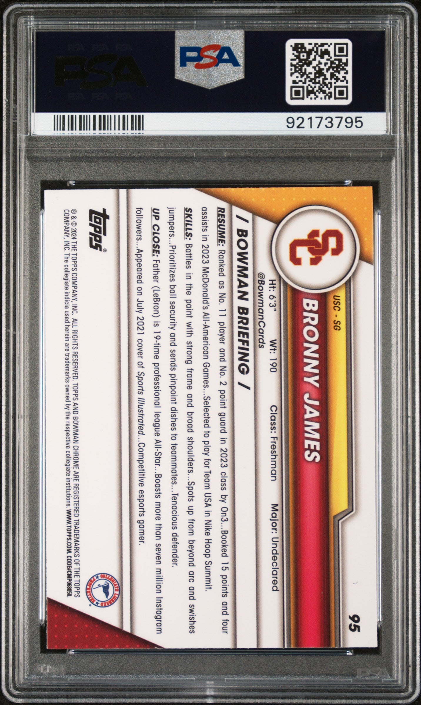 2023 Bowman Chrome University Sapphire Bronny James Jr. #95 PSA 10