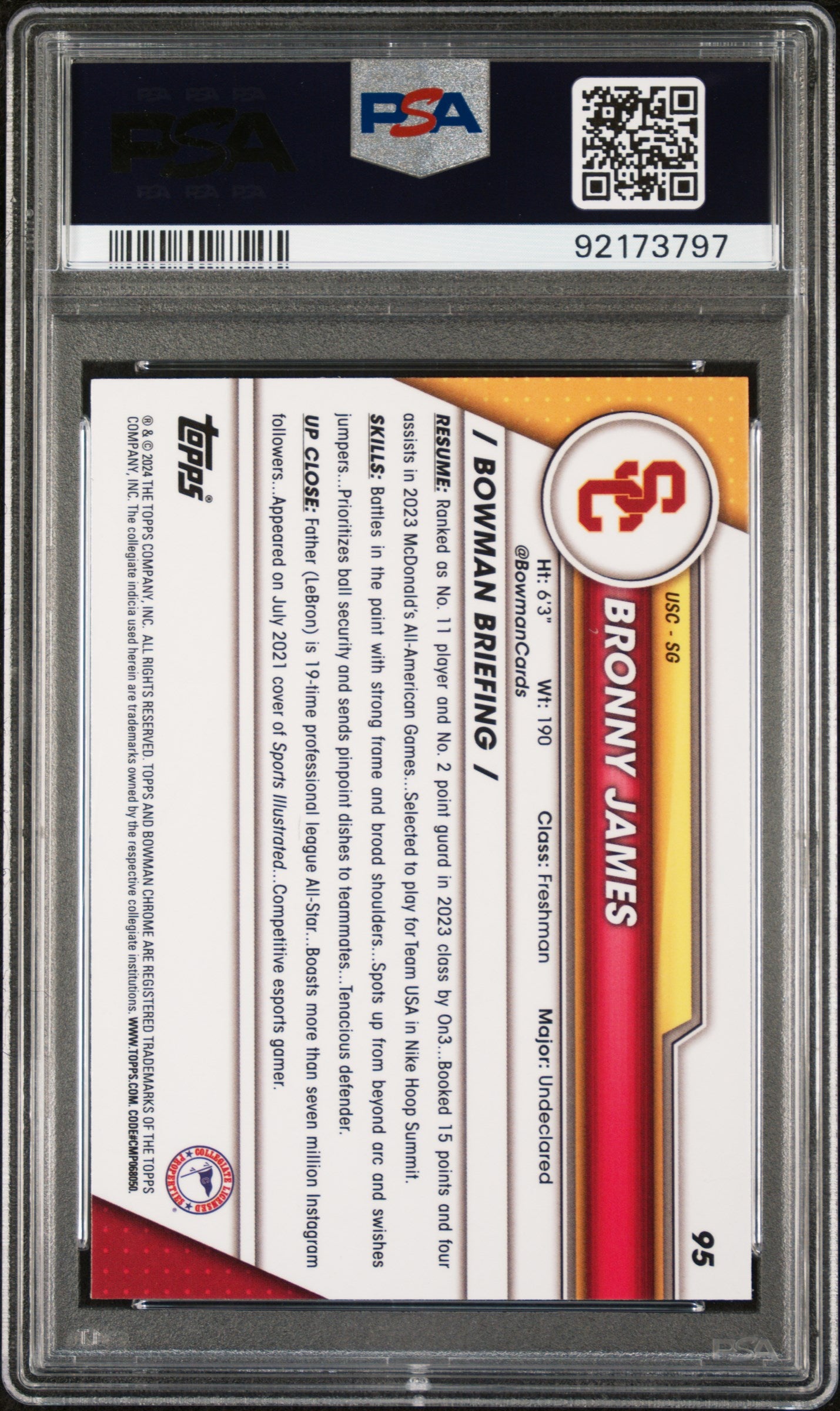 2023 Bowman University Chrome #95 Bronny James PSA 10