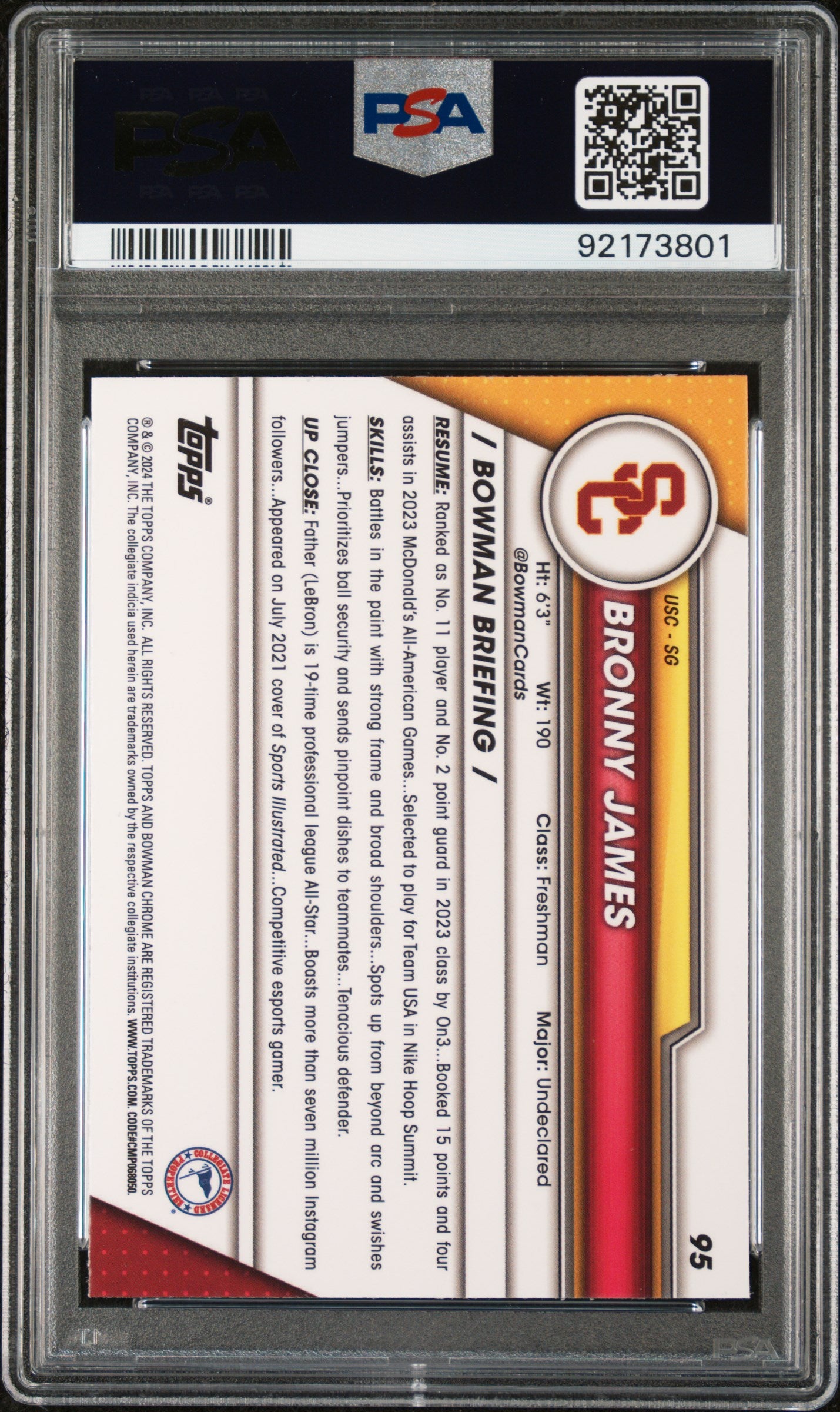 2023 Bowman Chrome University Sapphire Bronny James Jr. #95 PSA 10