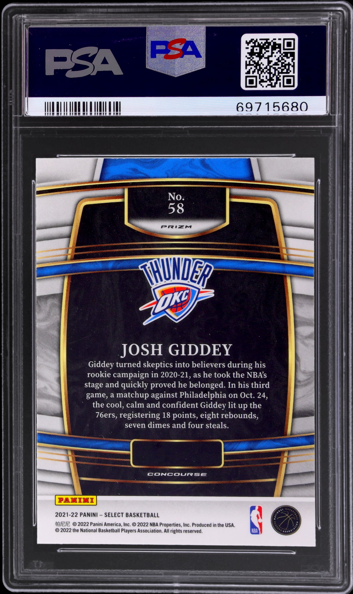 2021 Panini Select #58 Josh Giddey Concourse Tri-Color Prizm PSA 10