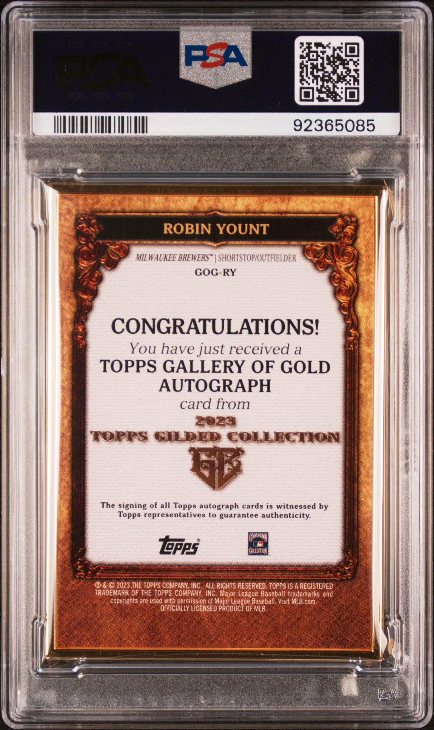 2023 Topps Gilded Gallery of Gold Auto Emerald /25 Robin Yount PSA 10