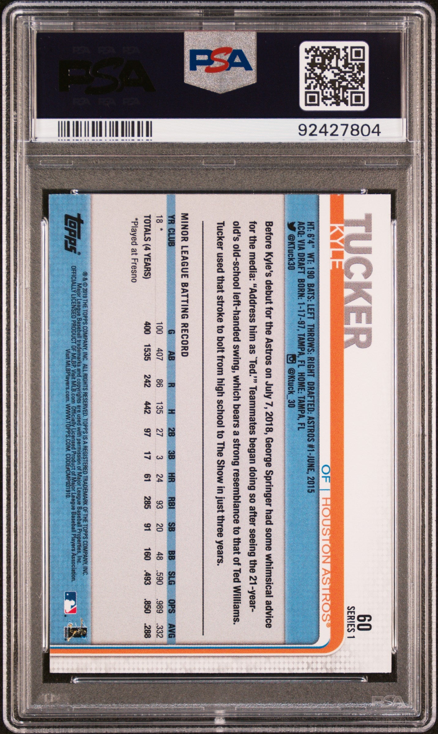2019 Topps #60 Kyle Tucker Rainbow Foil PSA 10