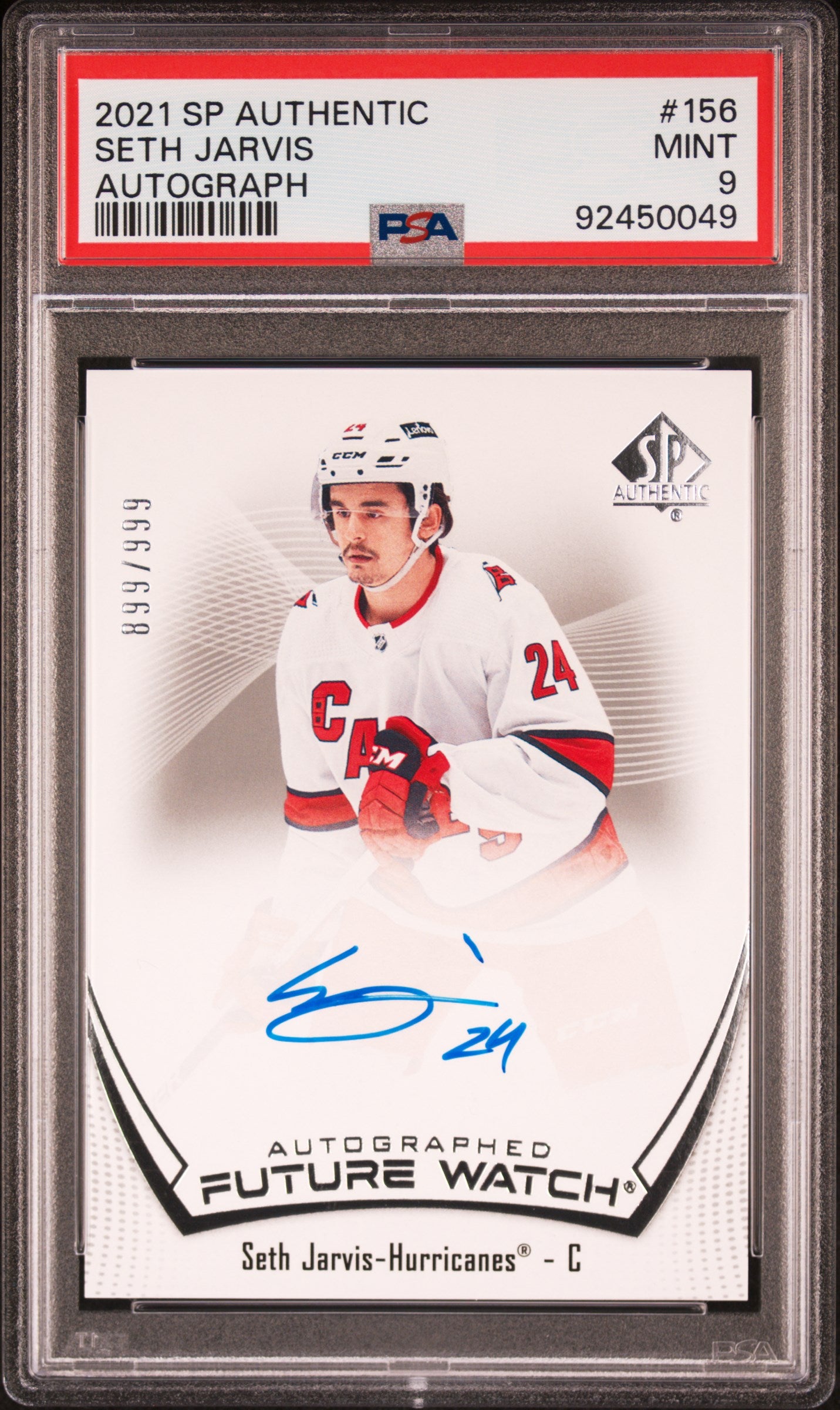 2021-22 Upper Deck SP Authentic Future Watch Seth Jarvis #156 RC Auto /999 PSA 9