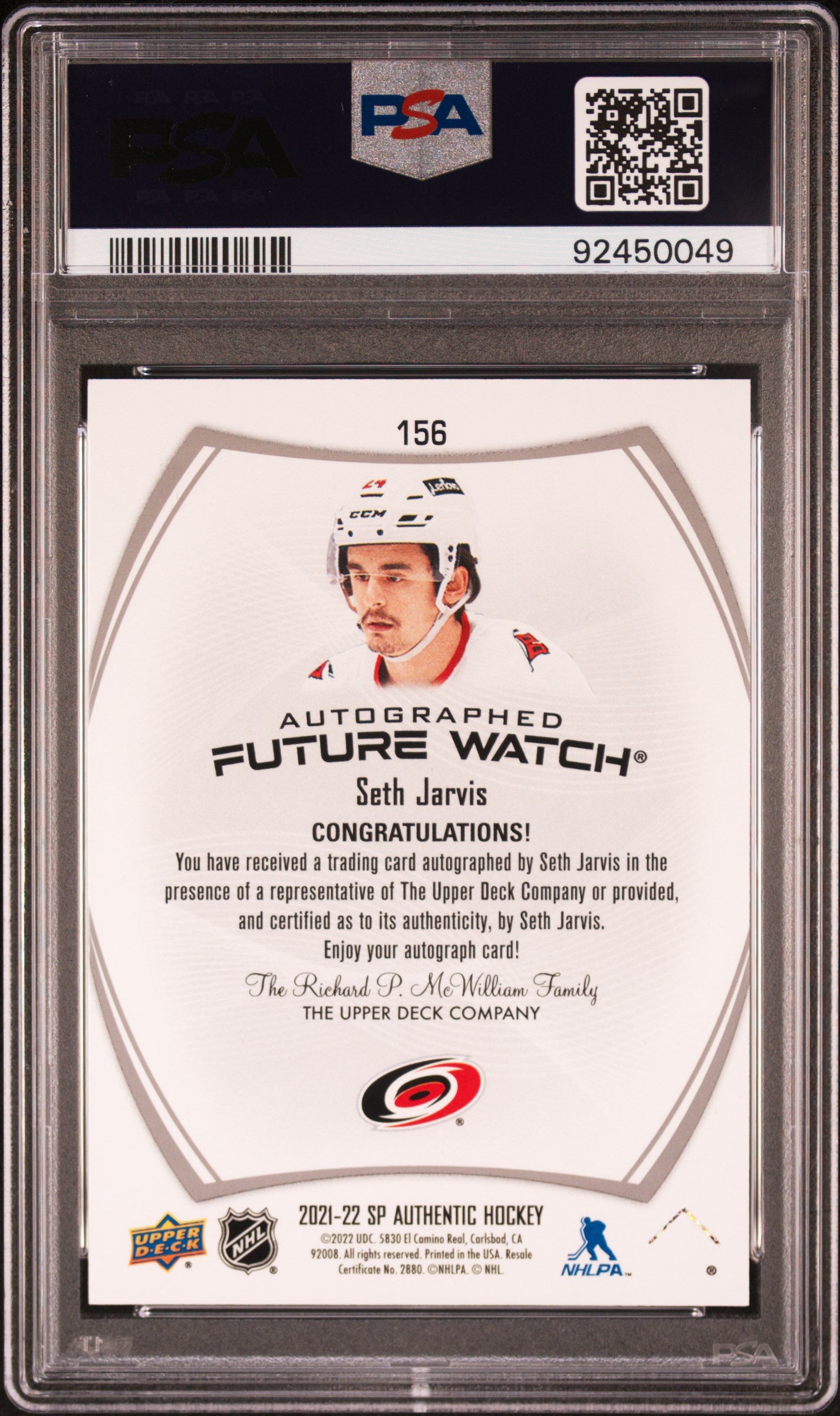2021-22 Upper Deck SP Authentic Future Watch Seth Jarvis #156 RC Auto /999 PSA 9