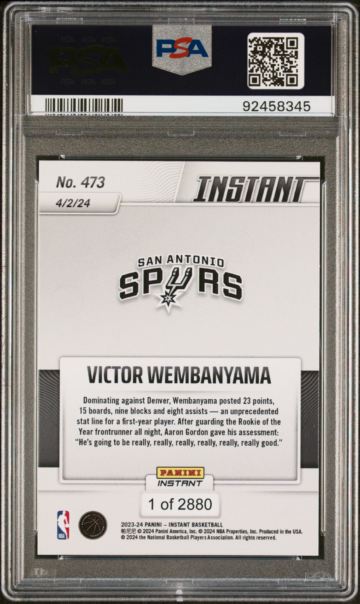 2023 Panini Instant Victor Wembanyama #473 RC PSA 10