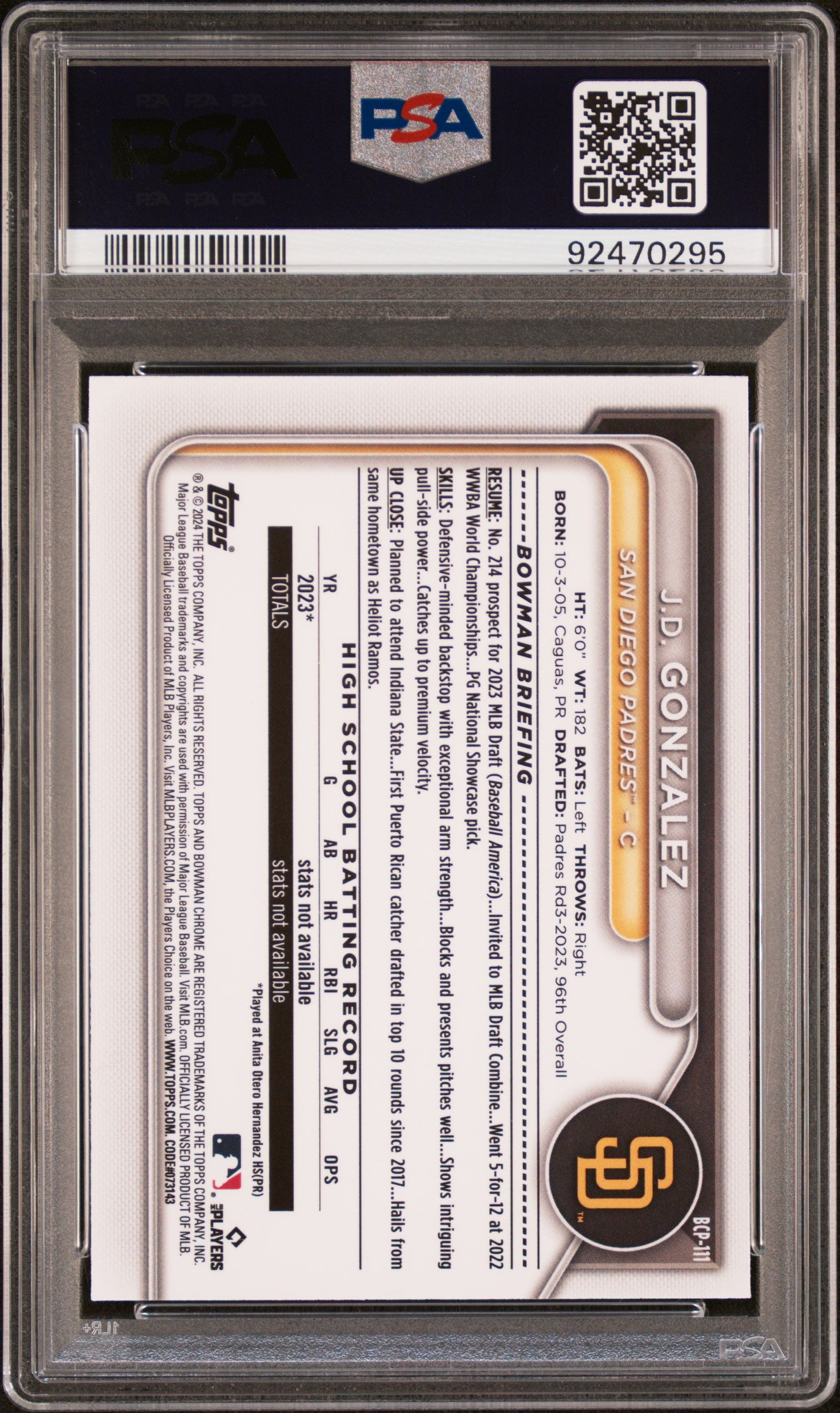2024 Bowman Chrome Prospects Chr Prospects-Org Shimmer Jd Gonzalez #BCP111 /25 PSA 10