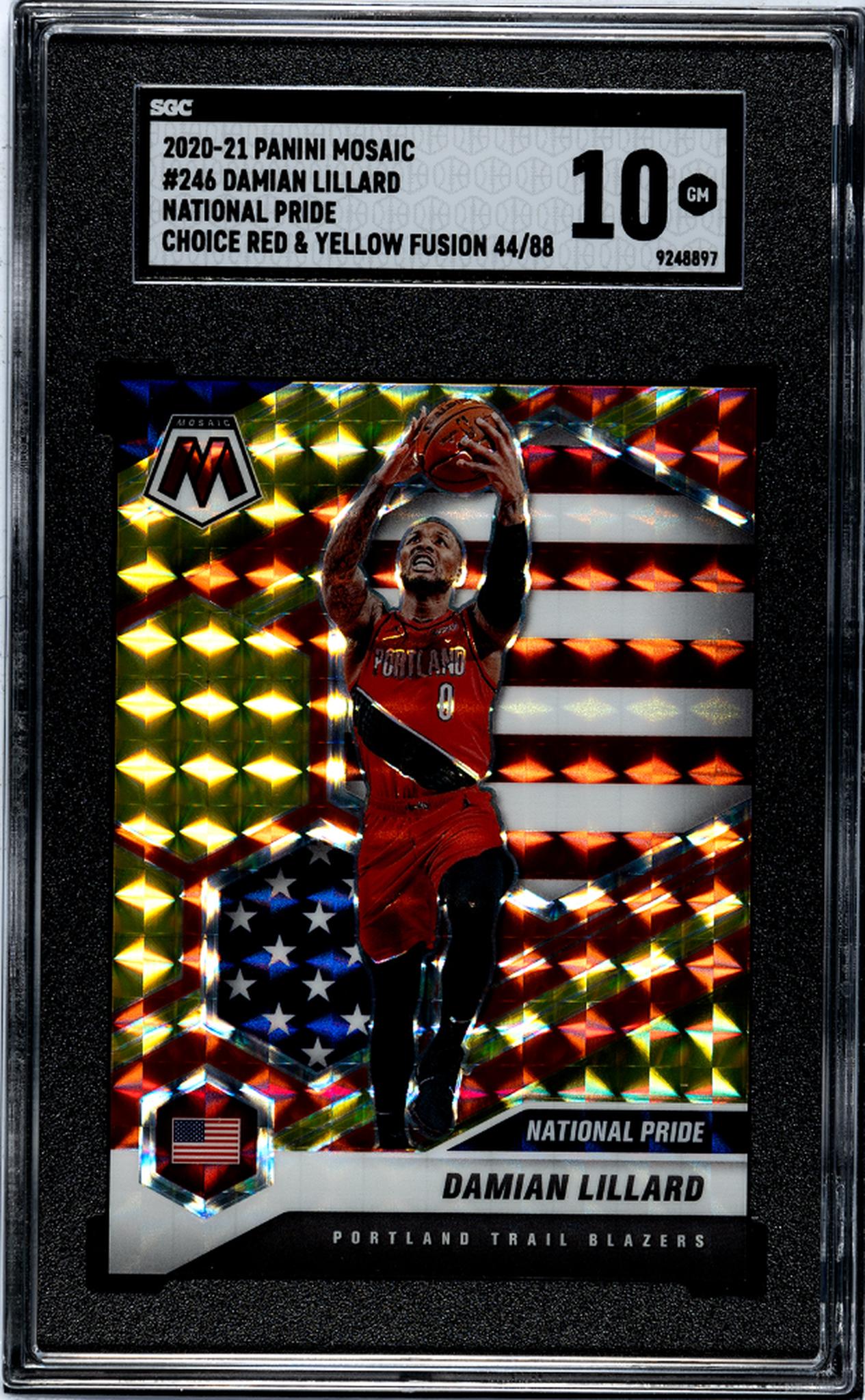 2020-21 Panini Mosaic #246 Damian Lillard National Pride Choice Red & Yellow Fusion Prizm 44/88 SGC 10