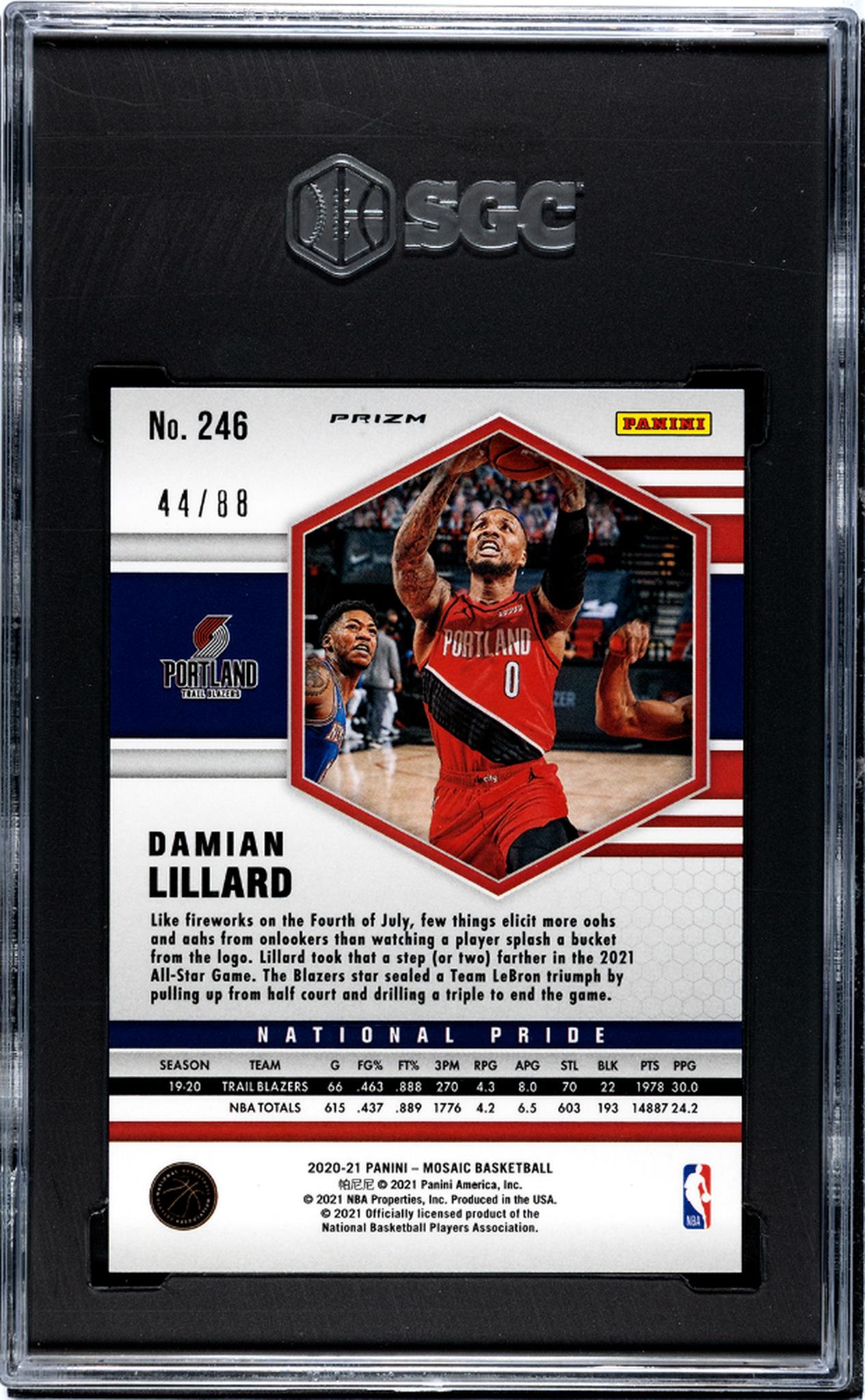 2020-21 Panini Mosaic #246 Damian Lillard National Pride Choice Red & Yellow Fusion Prizm 44/88 SGC 10