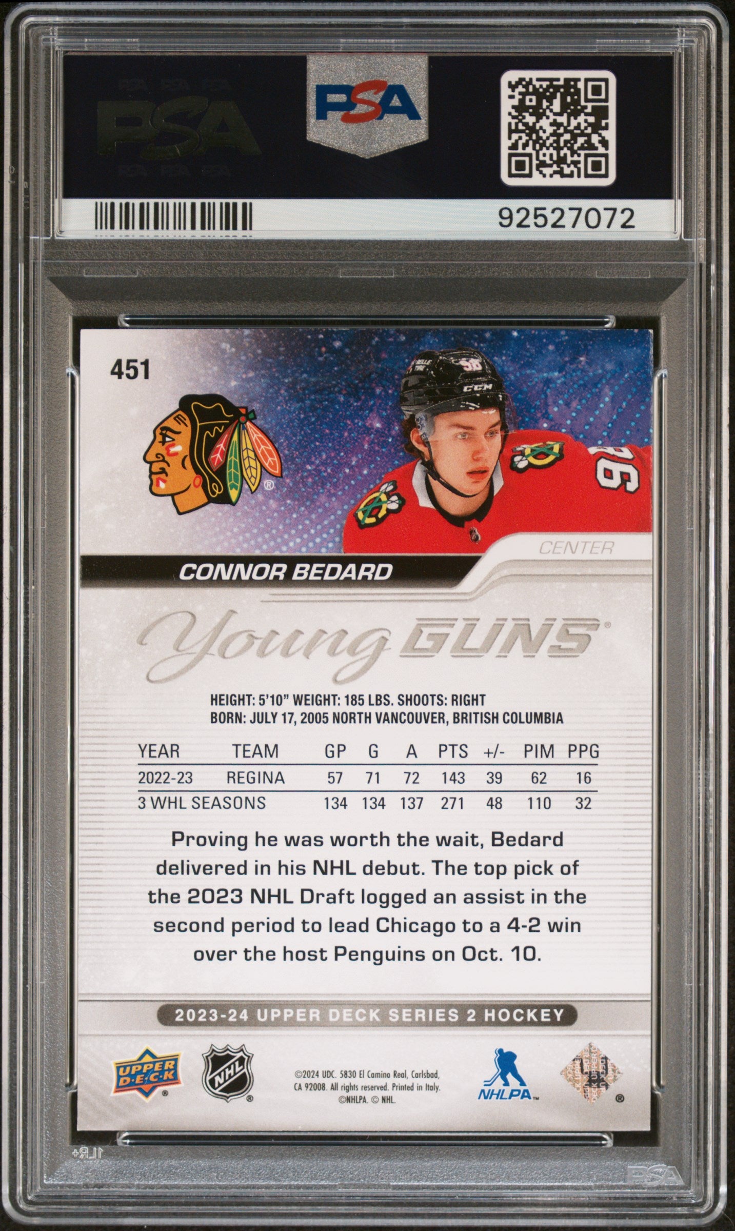 2023 Upper Deck Series 2 Young Guns Connor Bedard #451 RC PSA 9