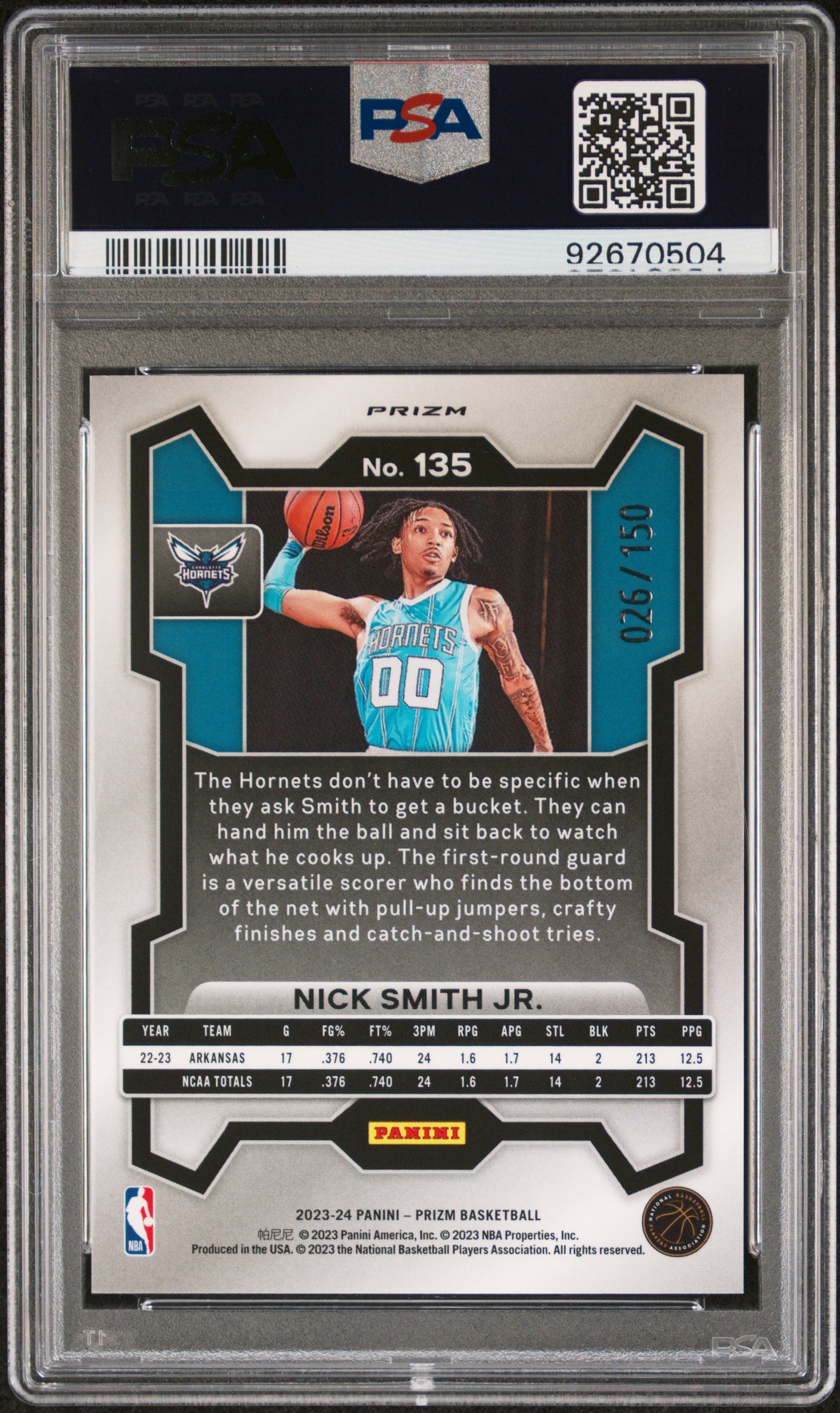 2023 Panini Prizm Prizms Fast Break Blue Nick Smith Jr. #135 /150 PSA 10