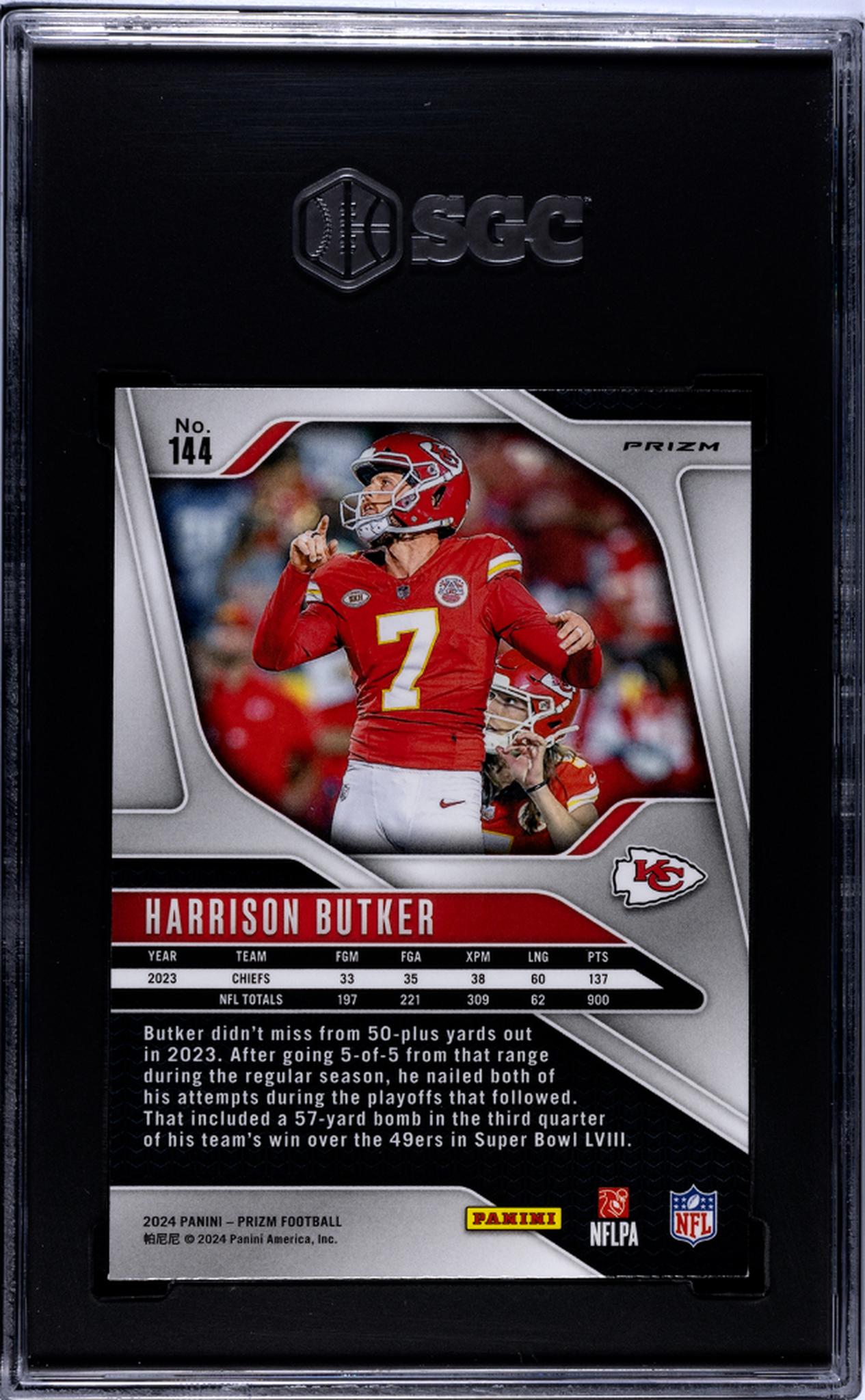 2024 Panini Prizm #144 Harrison Butker Black & White Chkr. Prizm SGC 10